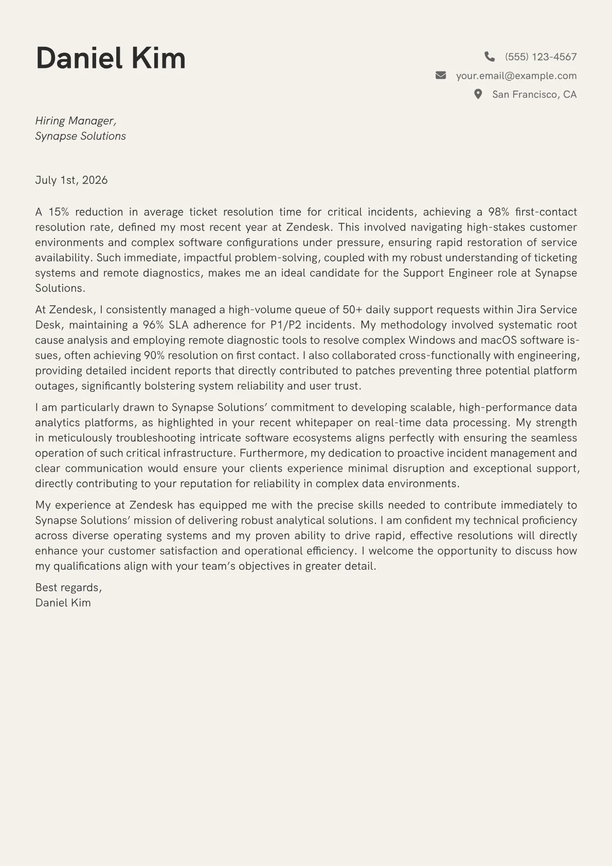 Support Engineer cover letter formatted with a JobSprout template