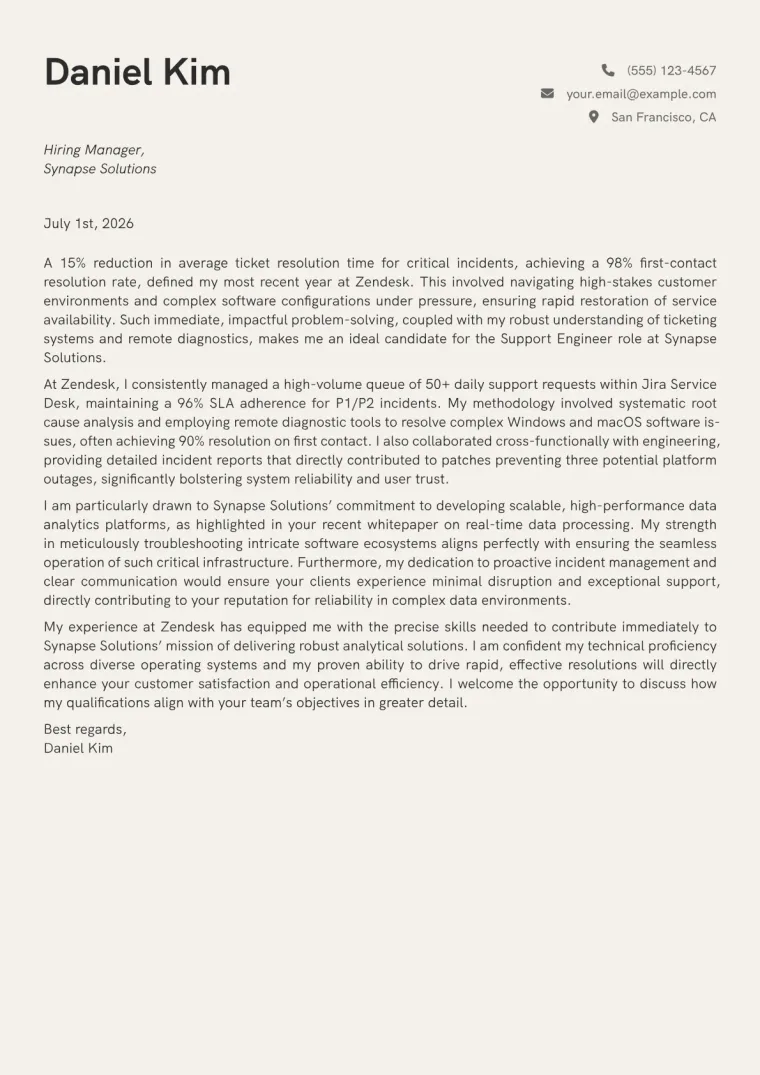 Support Engineer Cover Letter Example