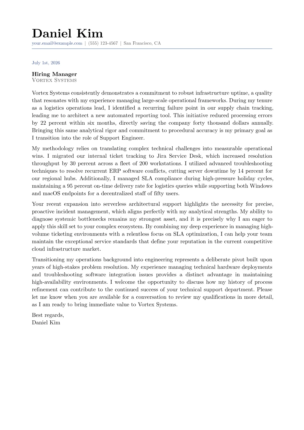Support Engineer cover letter in the Classic design