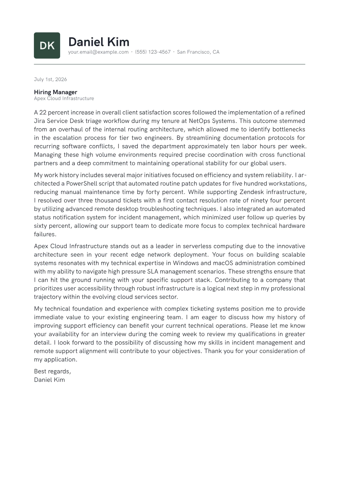 Support Engineer cover letter in the Emblem design