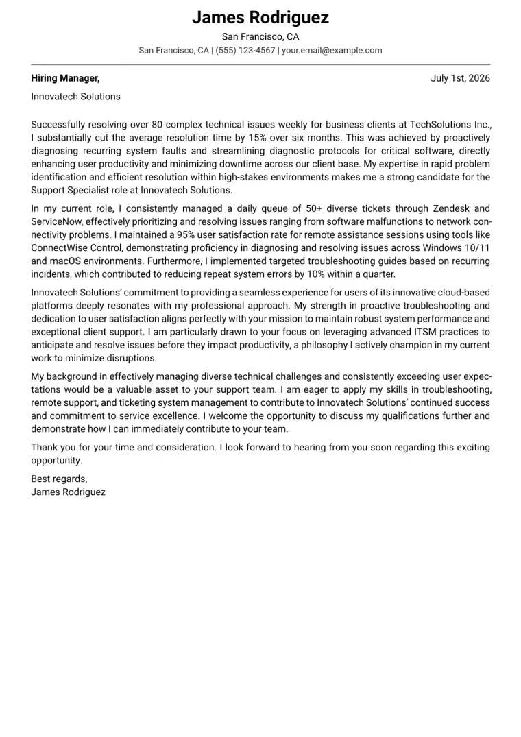 Support Specialist cover letter example preview