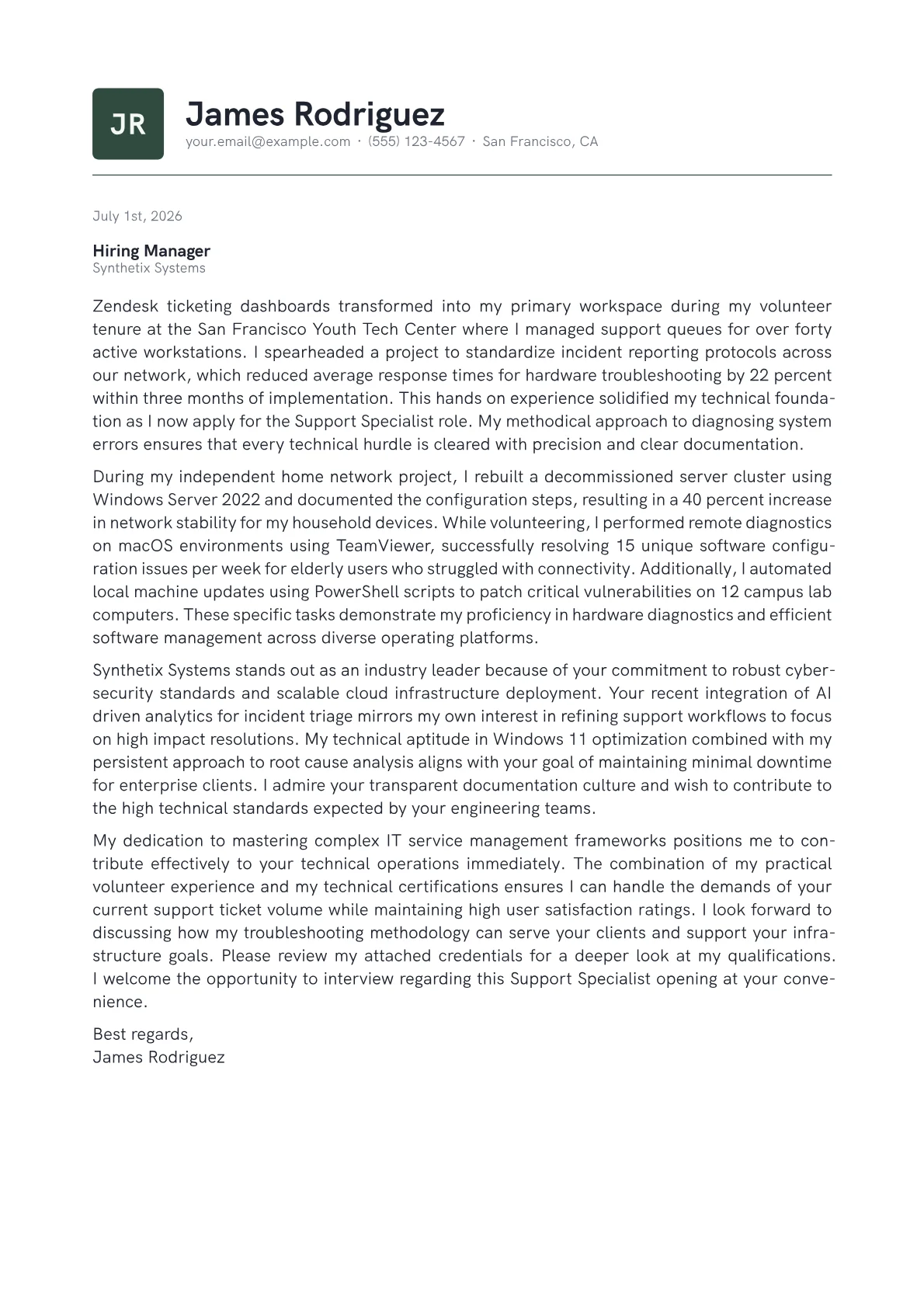 Support Specialist cover letter in the Emblem design