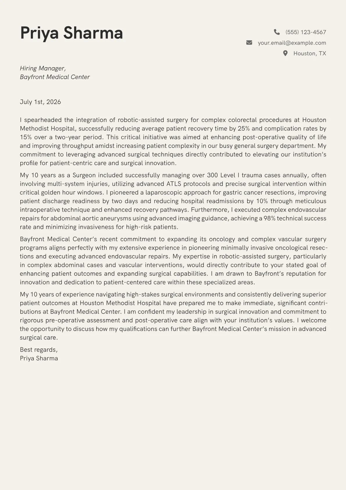 Surgeon cover letter formatted with a JobSprout template