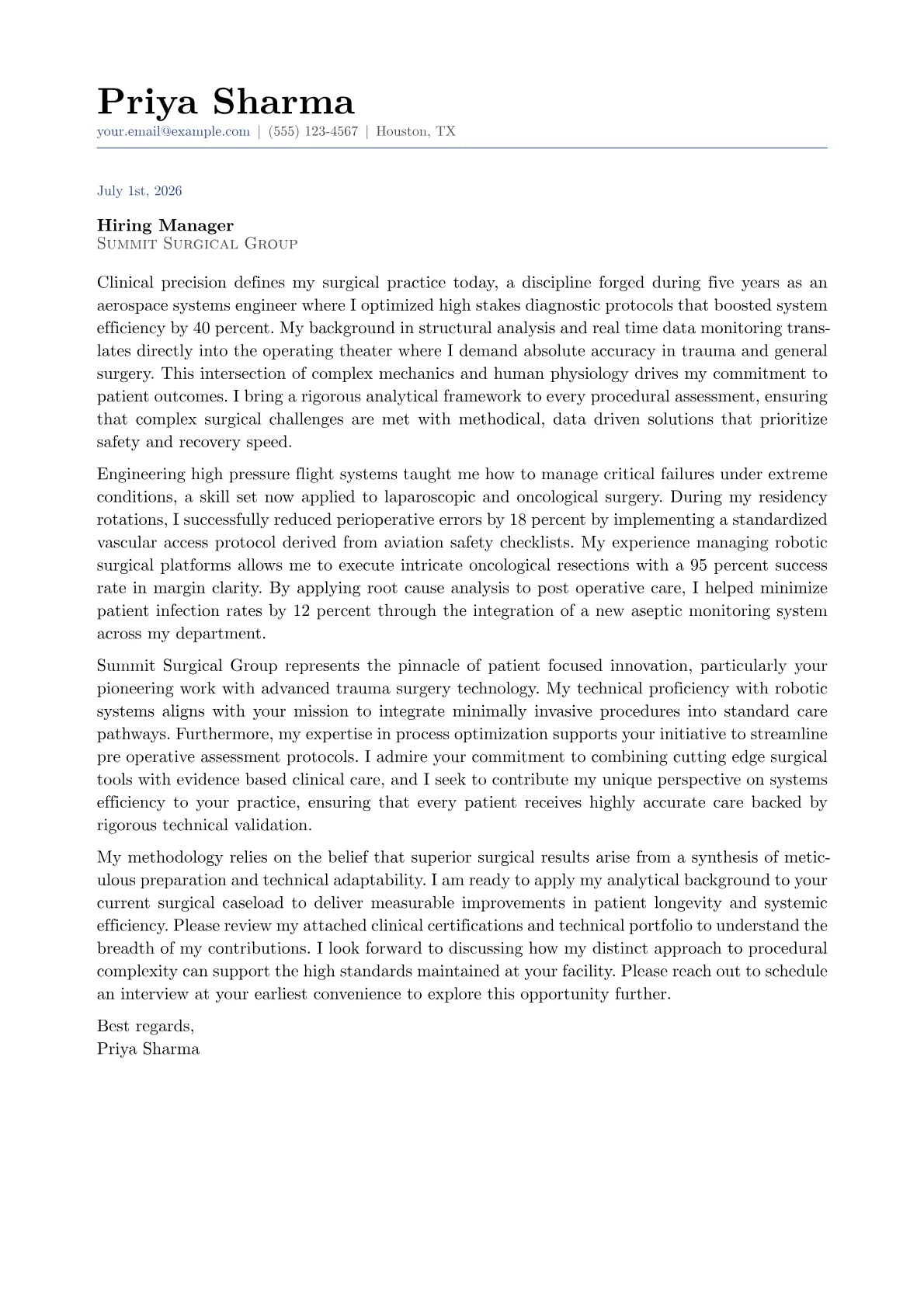 Surgeon cover letter in the Classic design