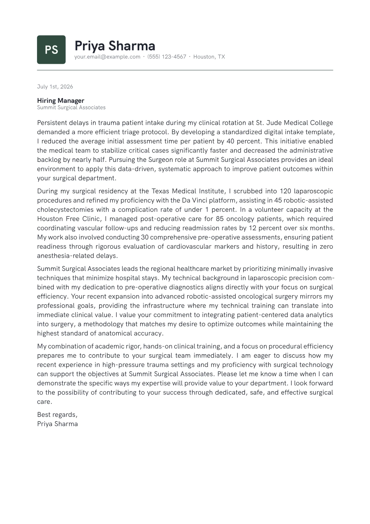 Surgeon cover letter in the Emblem design