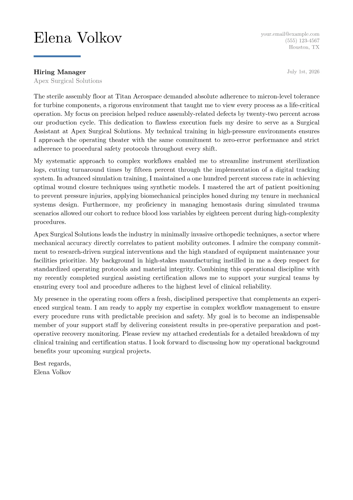 Surgical Assistant cover letter in the Executive design