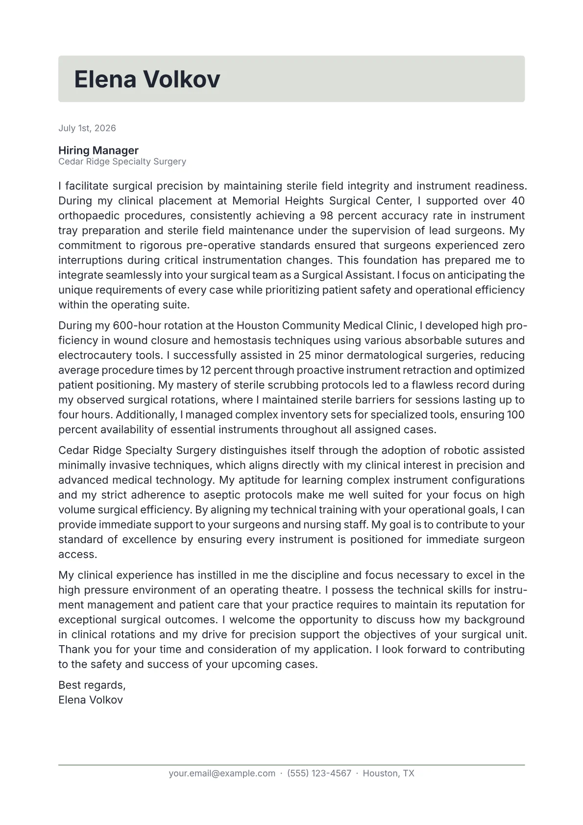 Surgical Assistant cover letter in the Letterhead design
