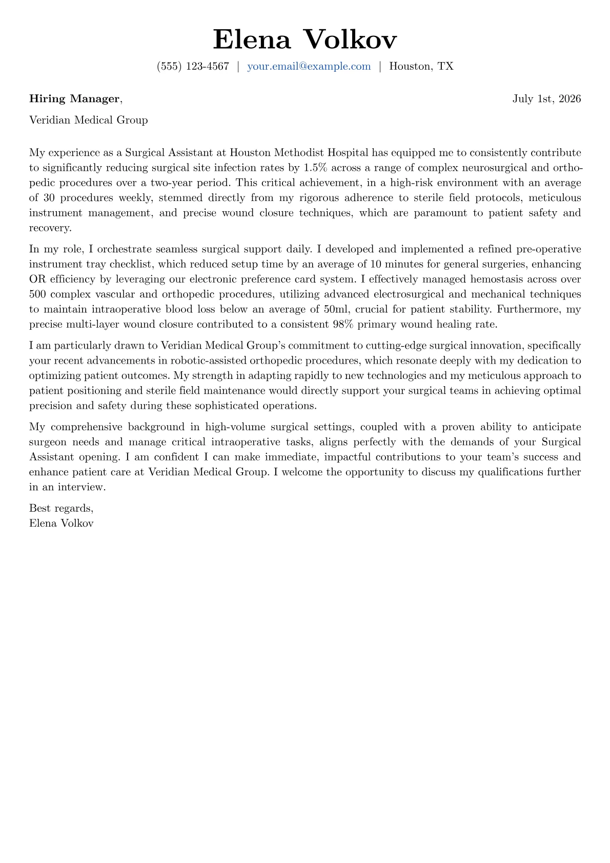 Surgical Assistant cover letter formatted with a JobSprout template