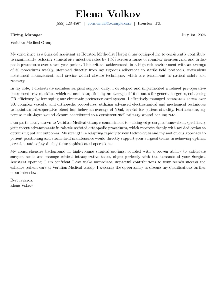 Surgical Assistant cover letter example preview