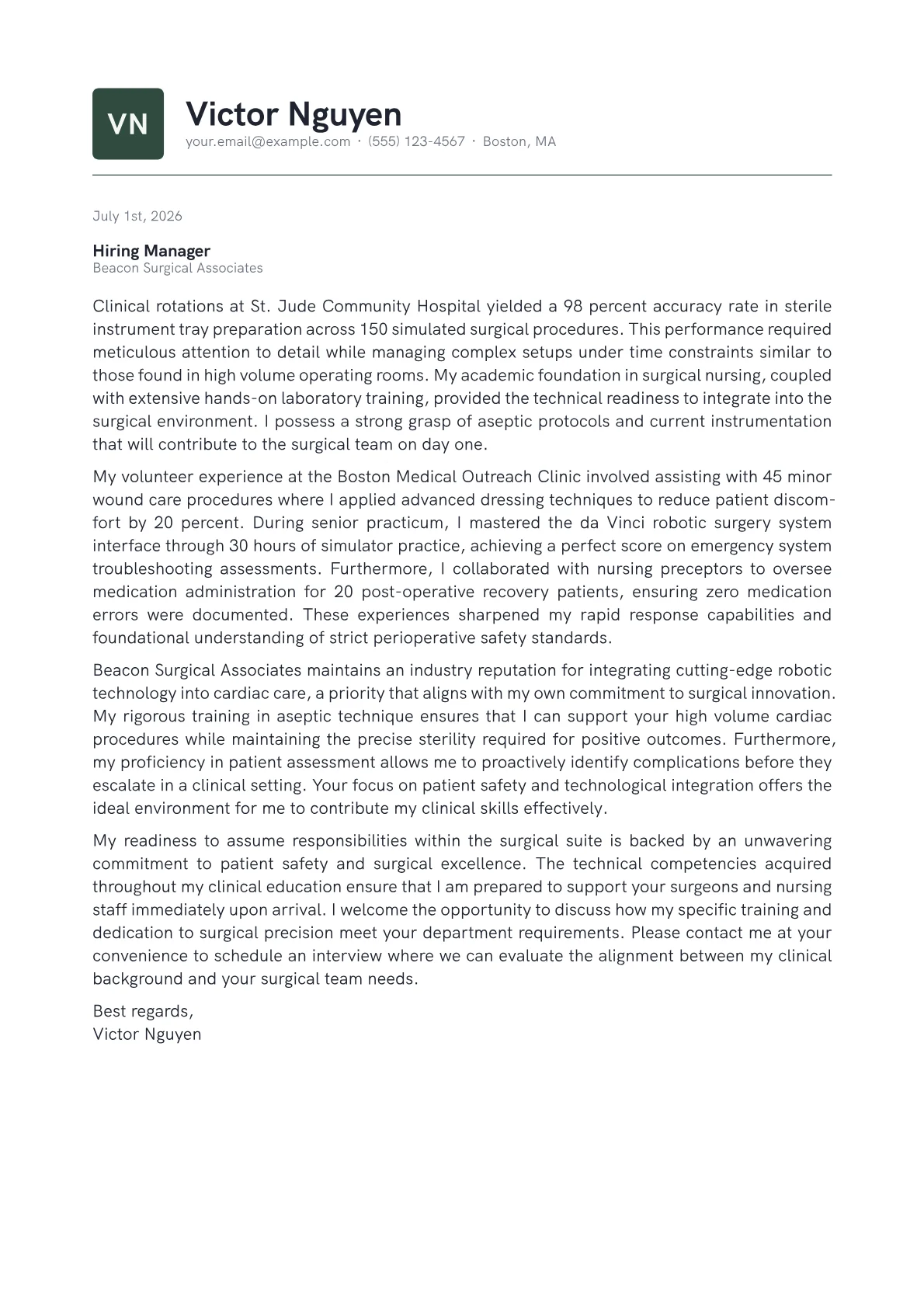Surgical Nurse cover letter in the Emblem design