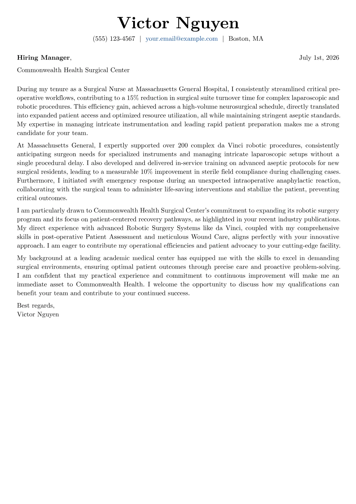Surgical Nurse cover letter formatted with a JobSprout template