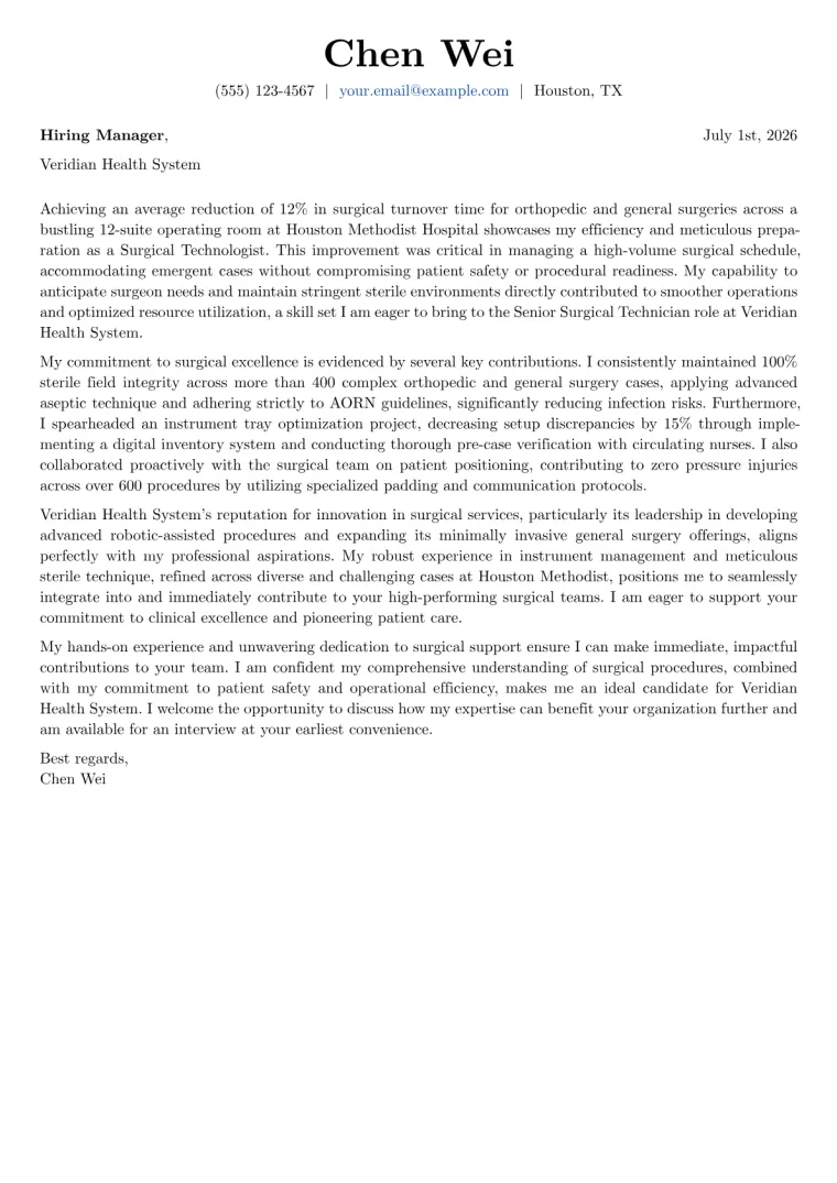 Surgical Technician Cover Letter Example