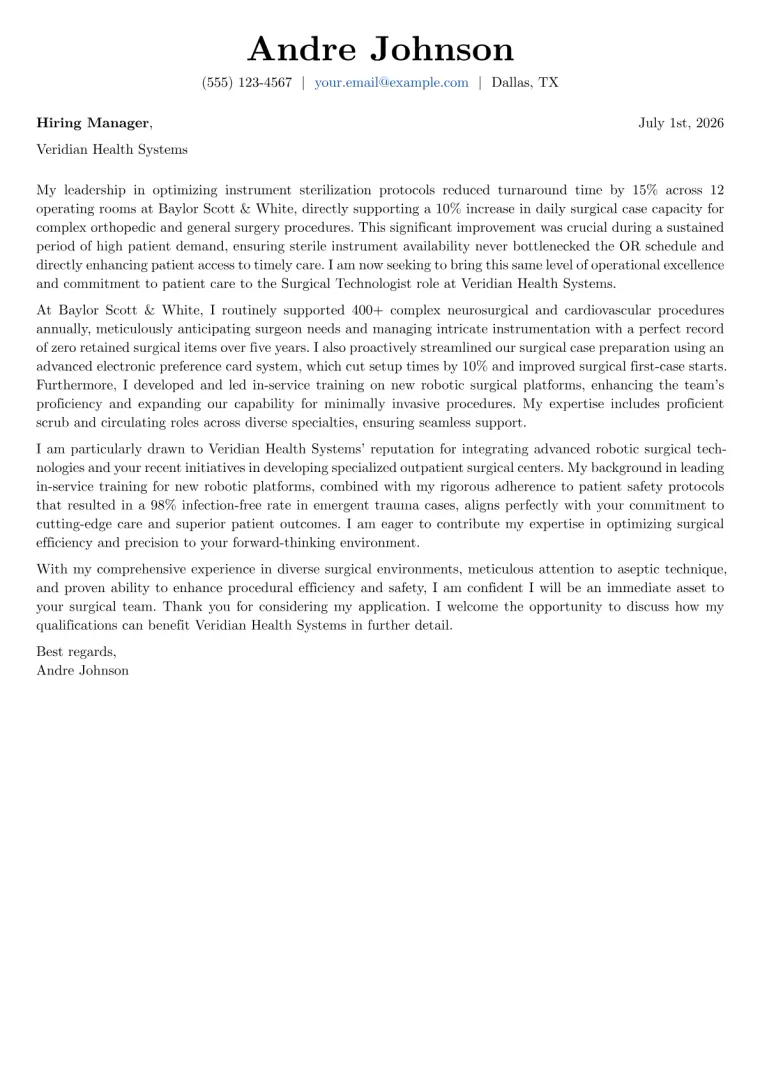 Surgical Technologist Cover Letter Example