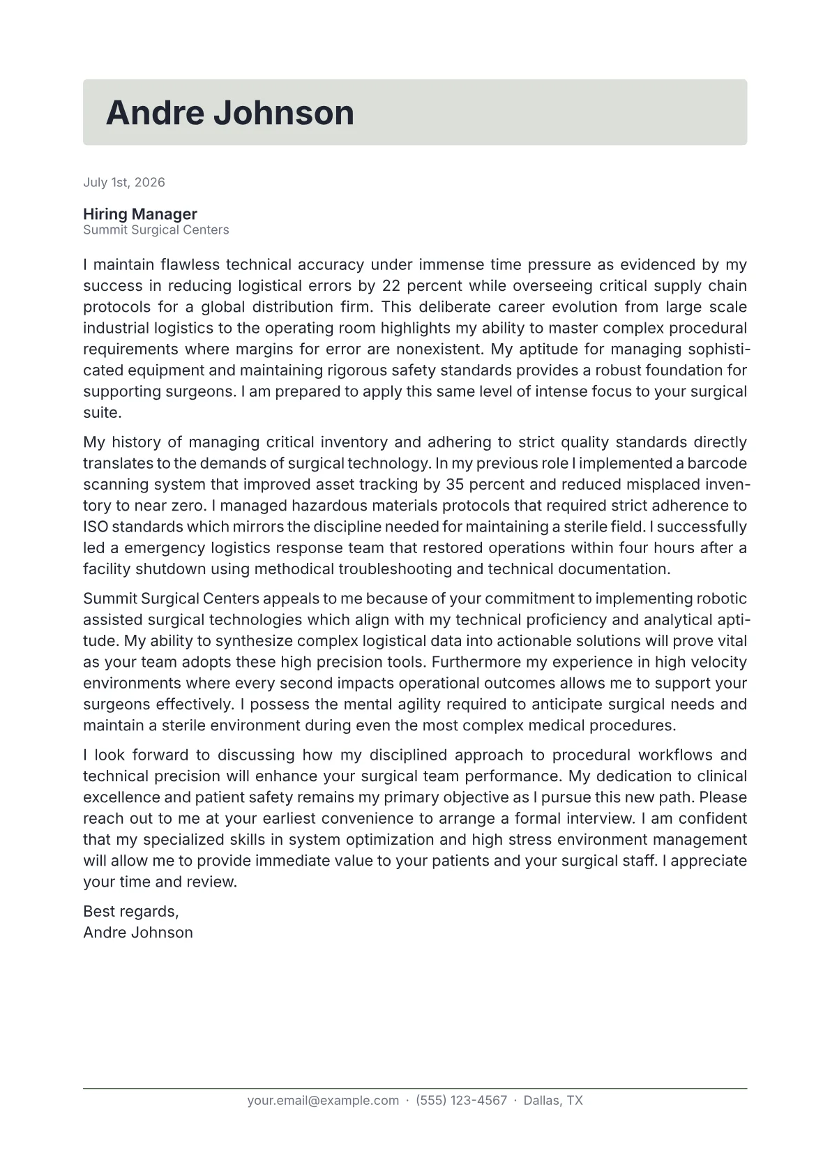 Surgical Technologist cover letter in the Letterhead design