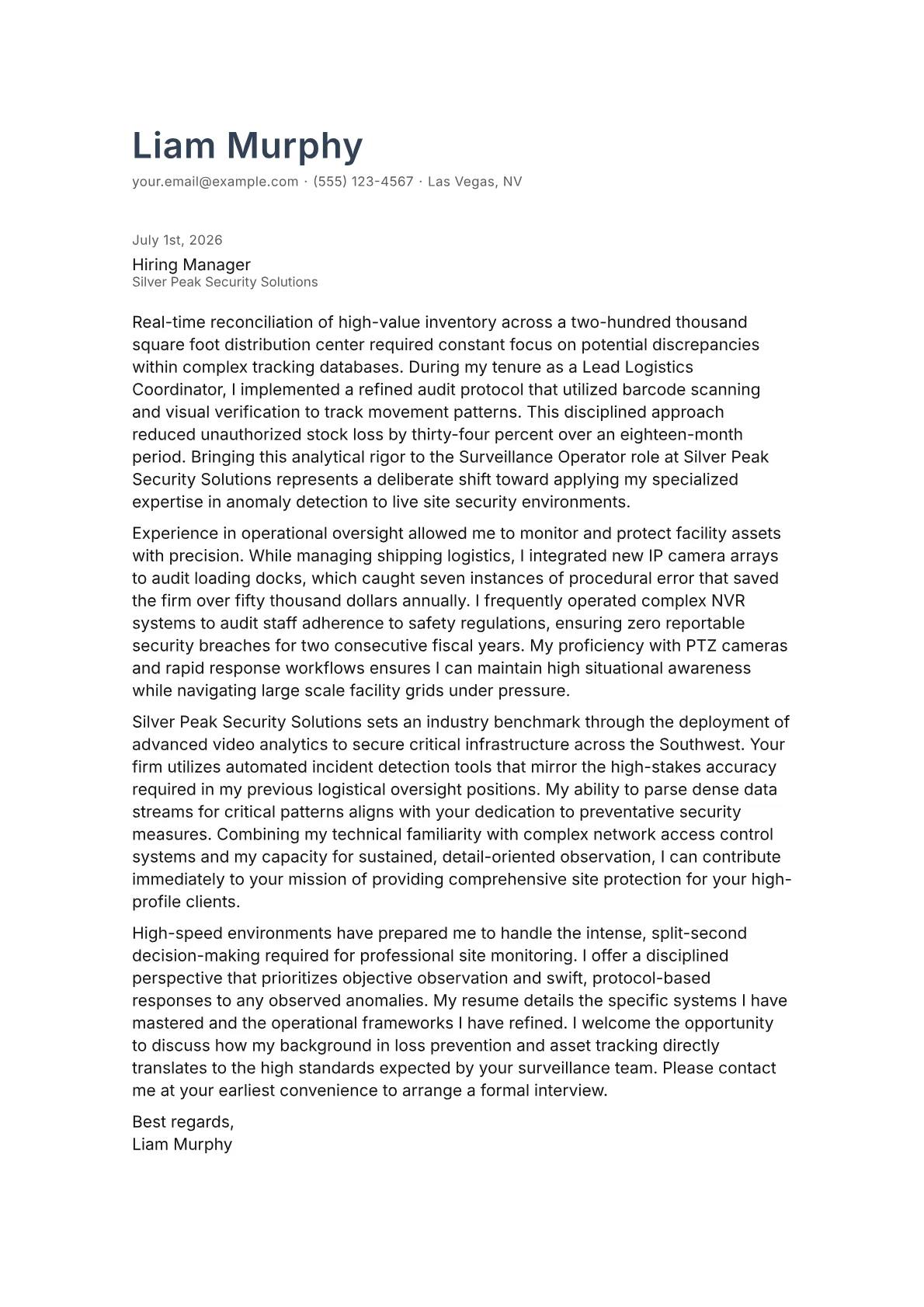 Surveillance Operator cover letter in the Minimal design