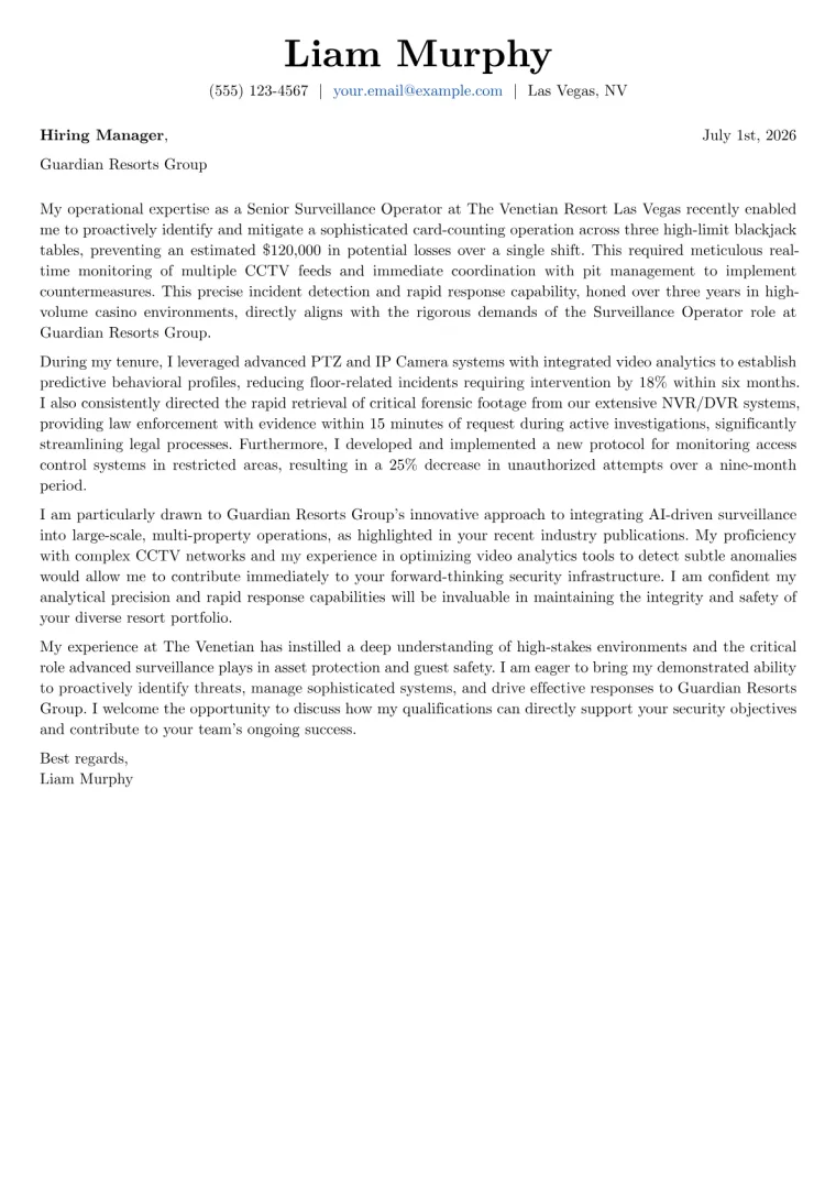 Surveillance Operator cover letter example