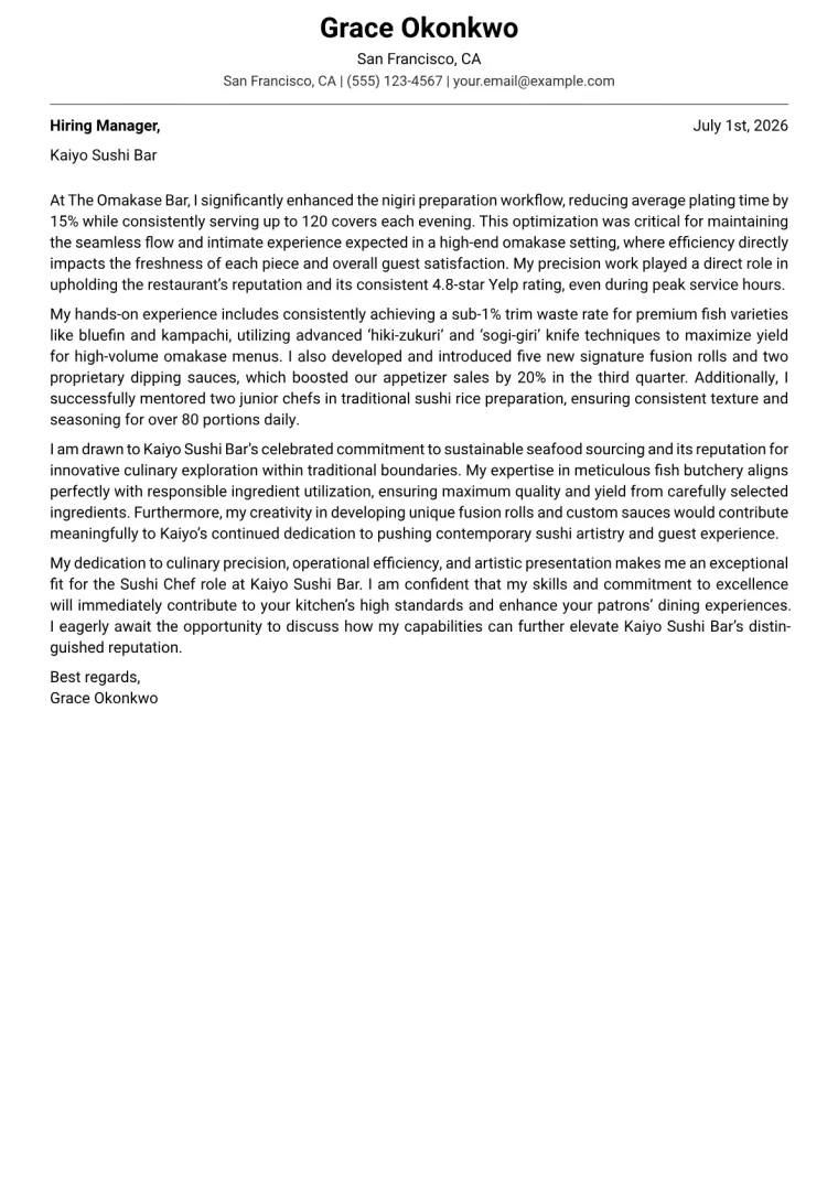 Sushi Chef cover letter example preview