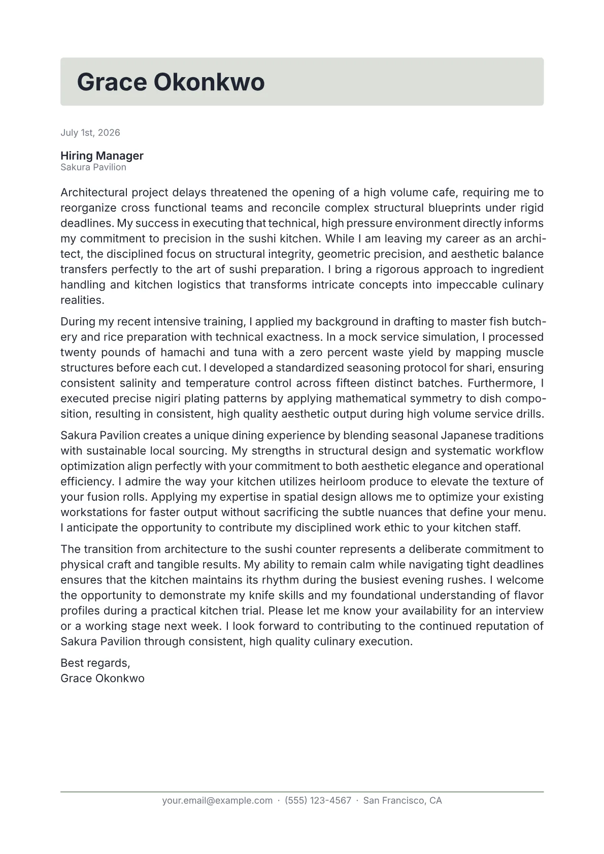 Sushi Chef cover letter in the Letterhead design