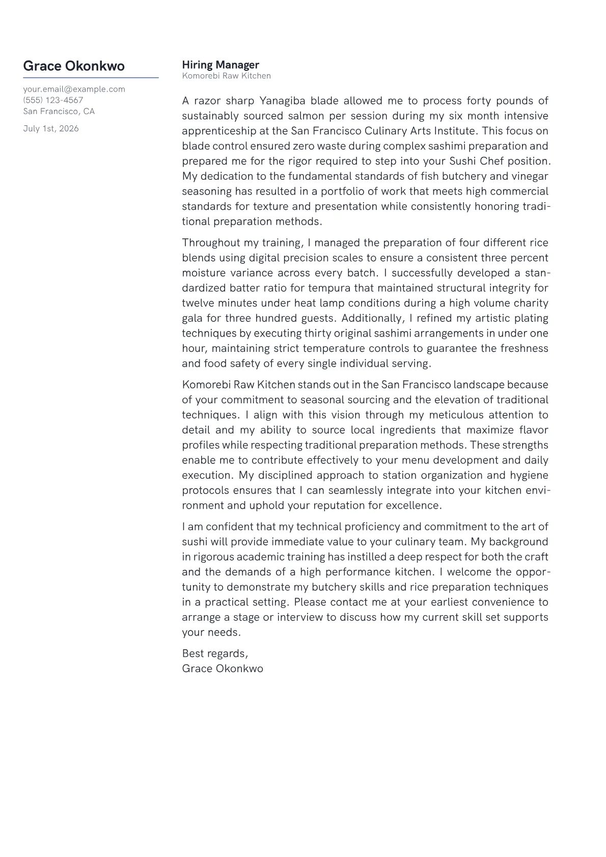 Sushi Chef cover letter in the Margin design