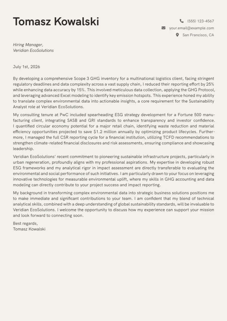 Sustainability Analyst cover letter example preview