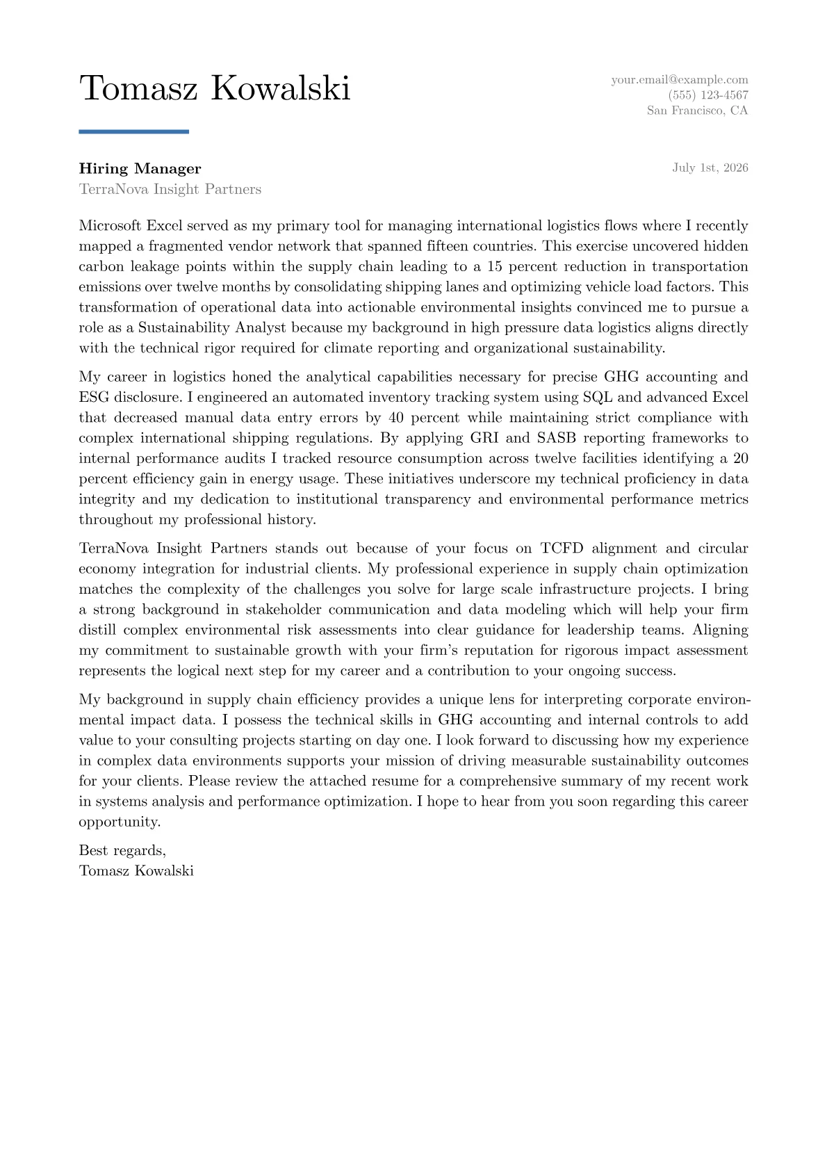 Sustainability Analyst cover letter in the Executive design