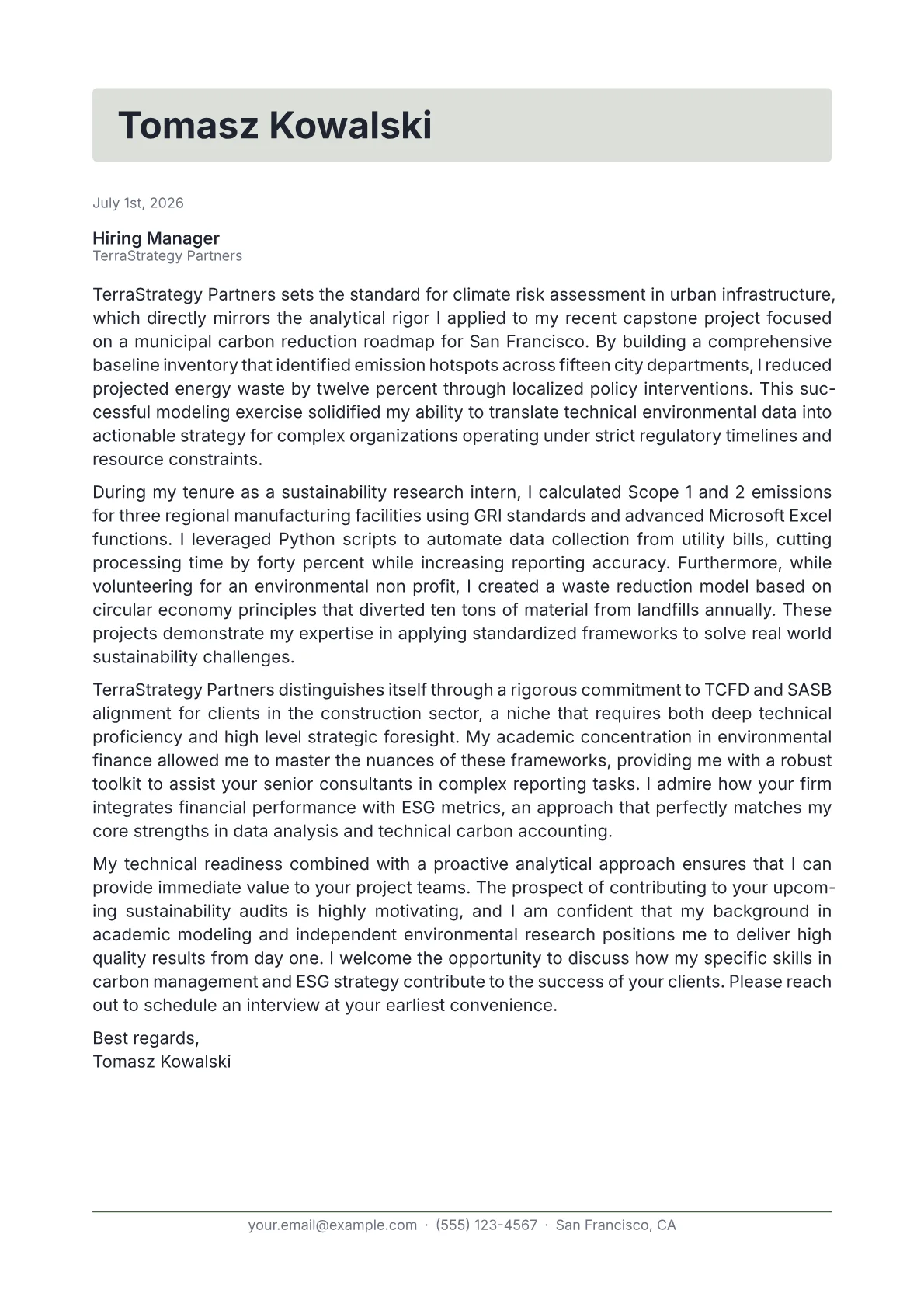 Sustainability Analyst cover letter in the Letterhead design