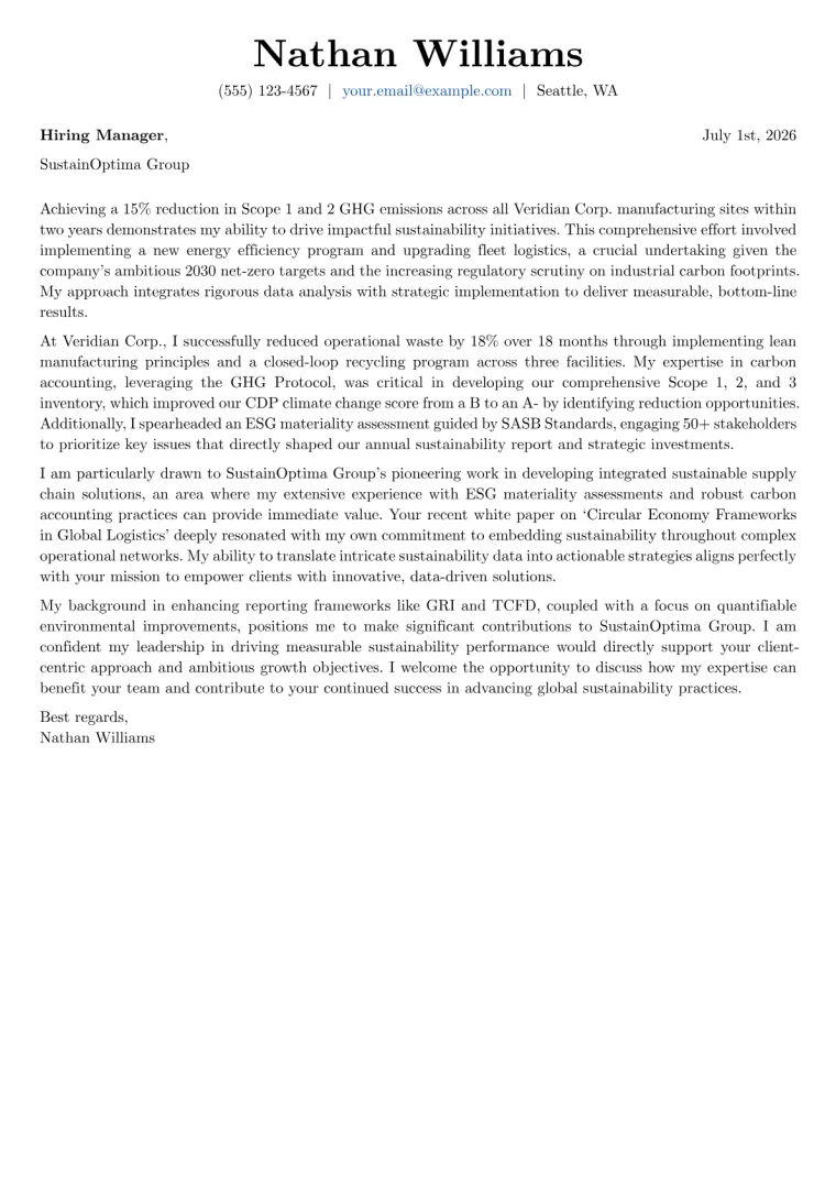 Sustainability Manager cover letter example preview