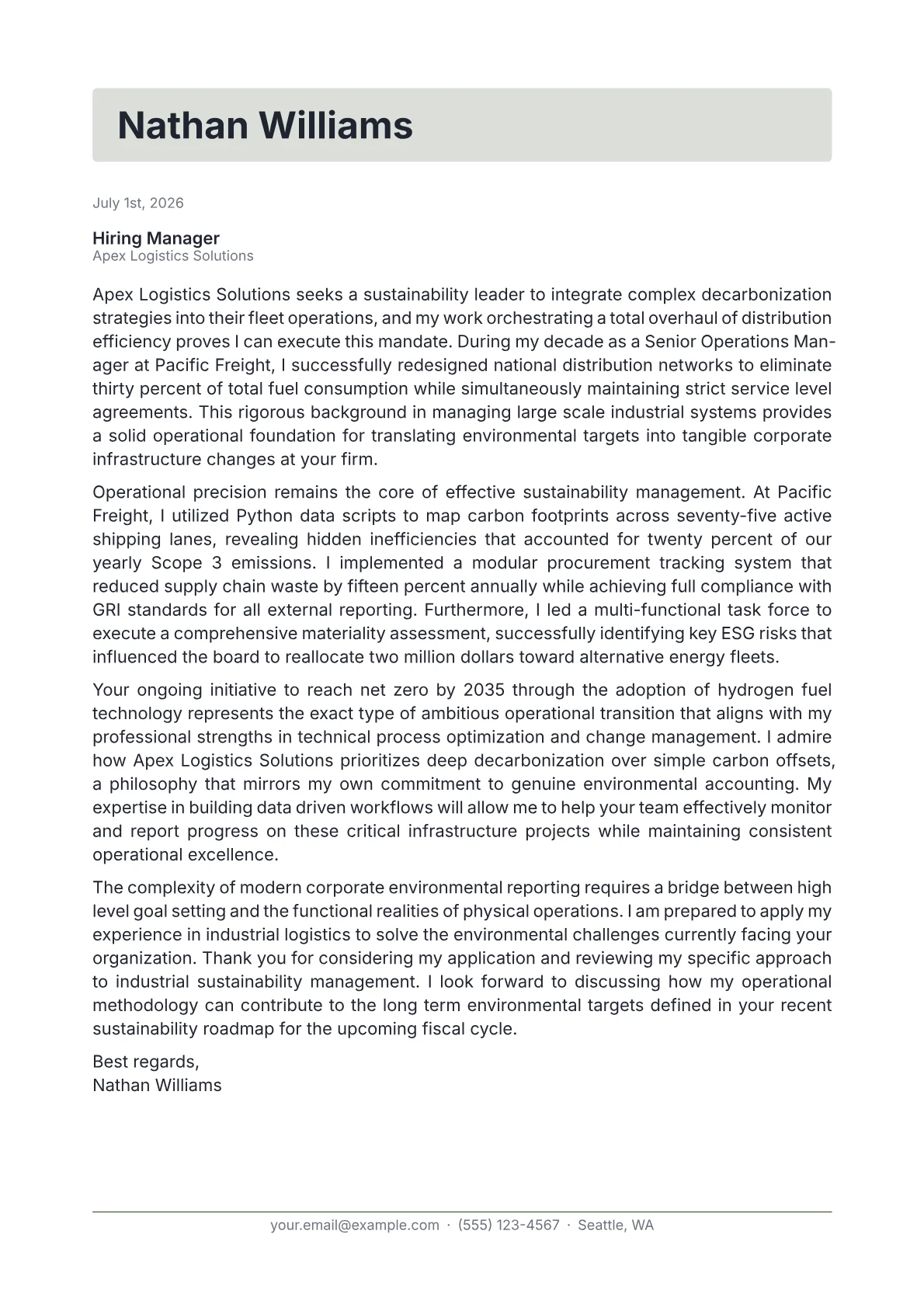 Sustainability Manager cover letter in the Letterhead design