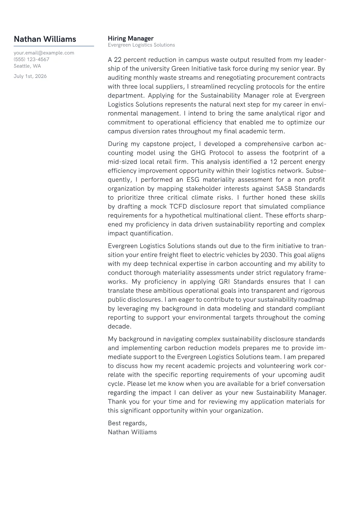 Sustainability Manager cover letter in the Margin design