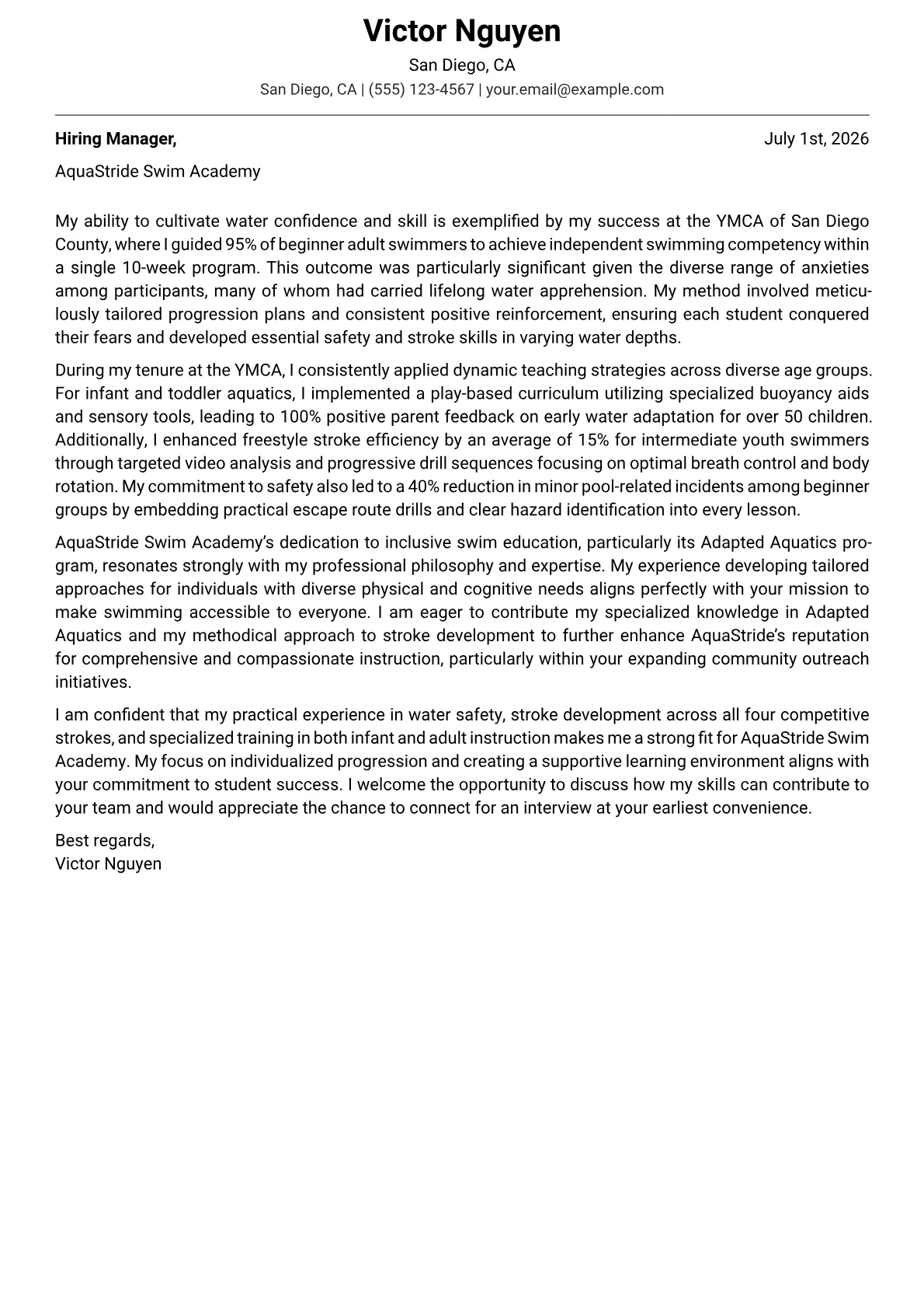 Swim Instructor cover letter formatted with a JobSprout template