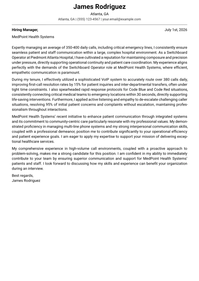 Switchboard Operator Cover Letter Example