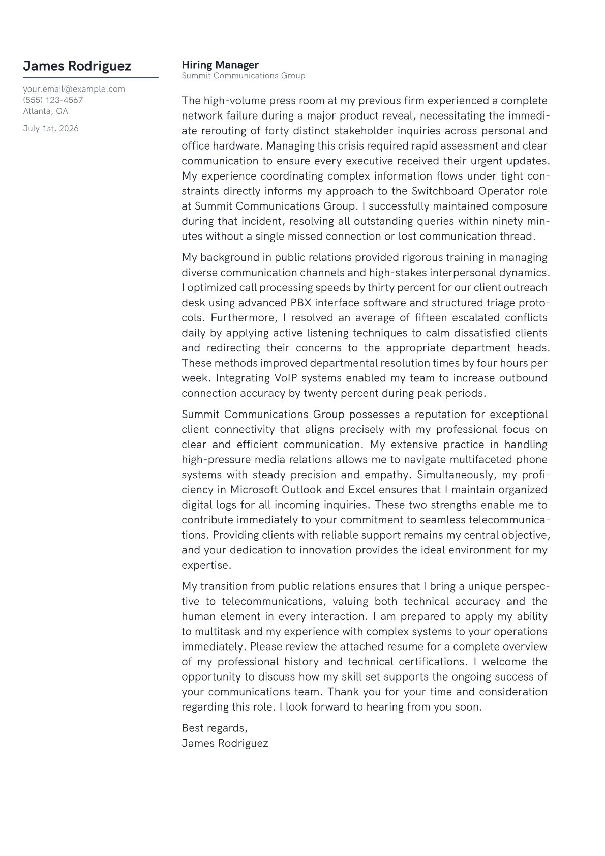 Switchboard Operator cover letter in the Margin design