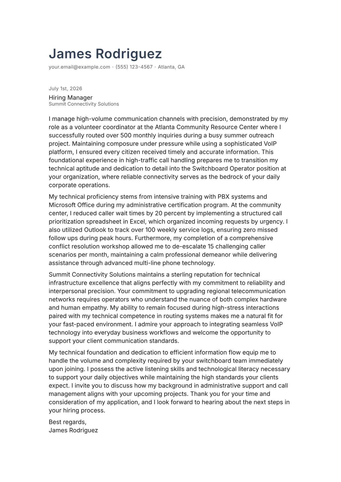 Switchboard Operator cover letter in the Minimal design