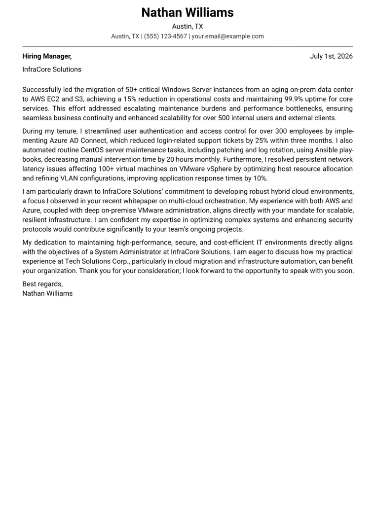 System Administrator Cover Letter Example