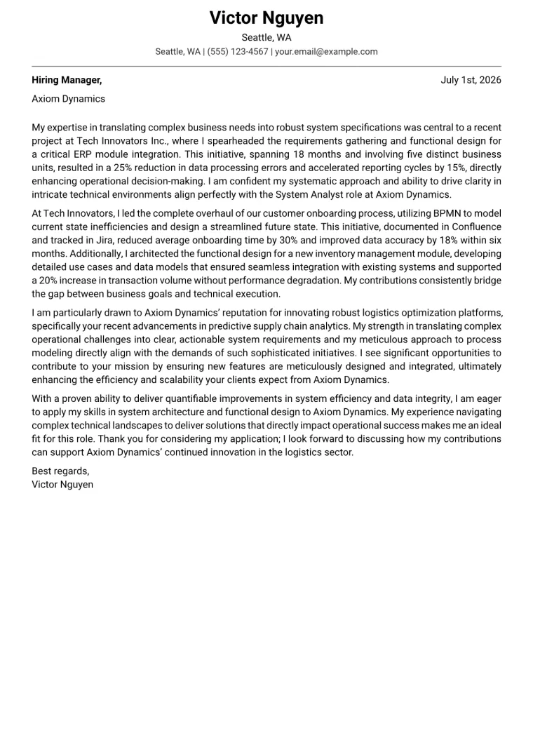 System Analyst Cover Letter Example