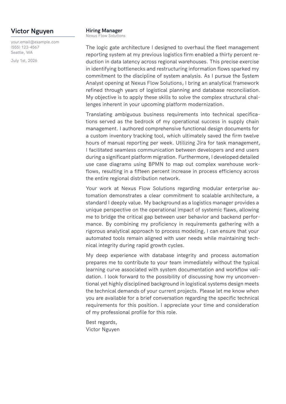 System Analyst cover letter in the Margin design
