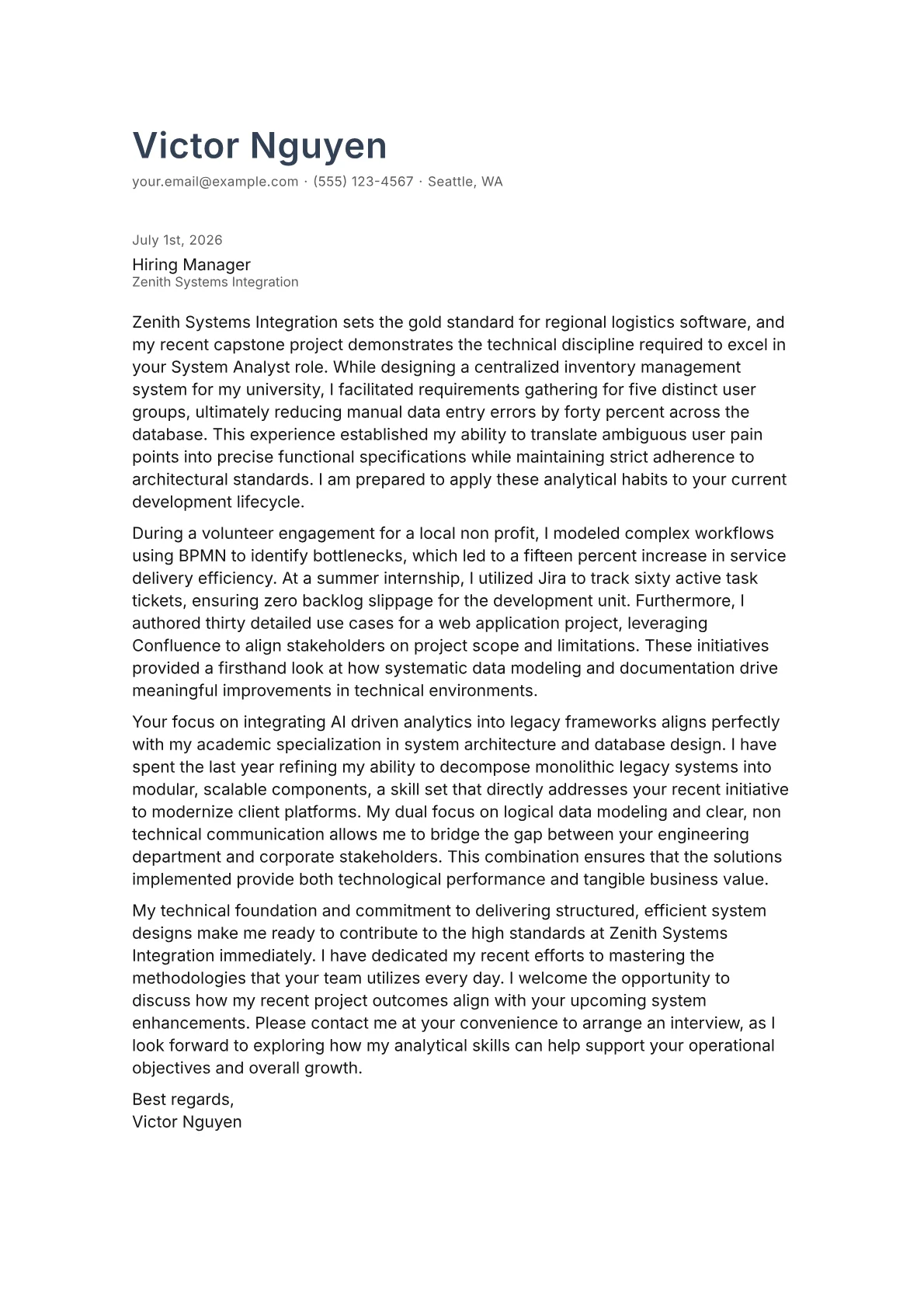 System Analyst cover letter in the Minimal design