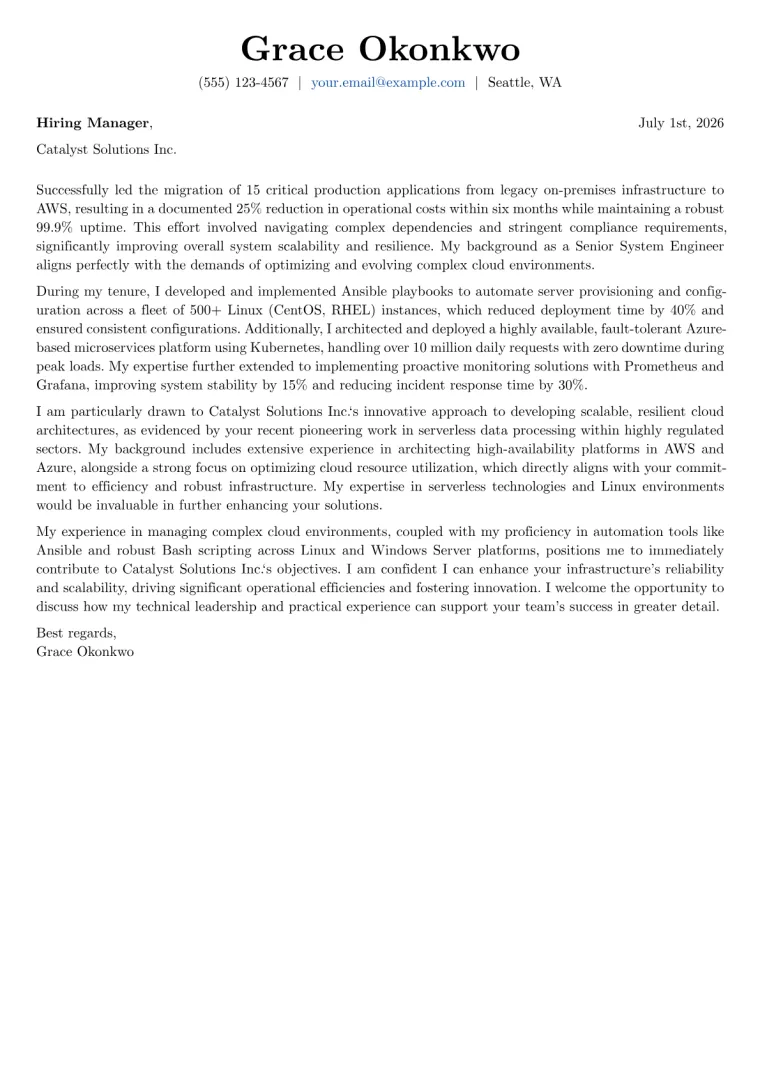 System Engineer Cover Letter Example