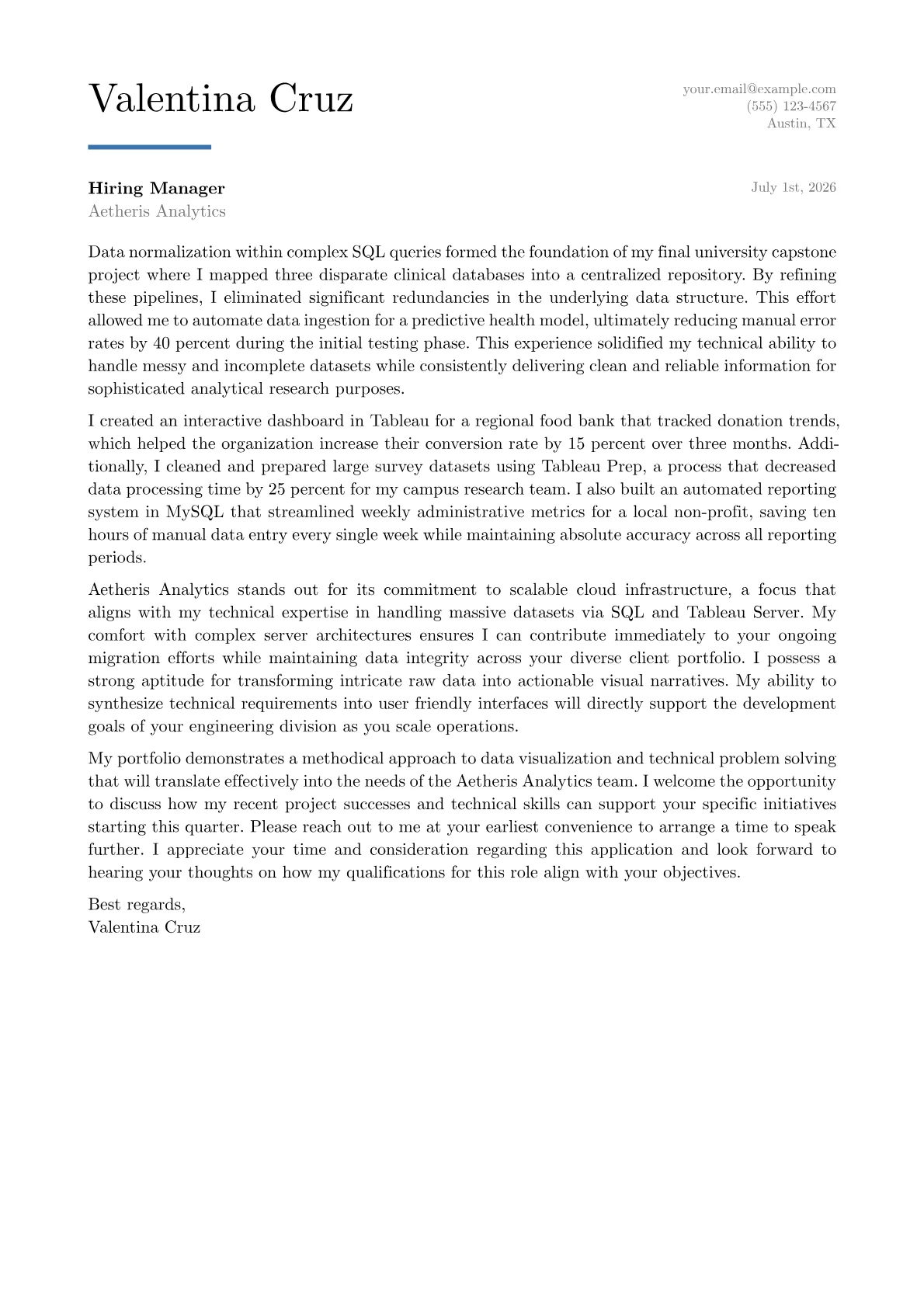 Tableau Developer cover letter in the Executive design
