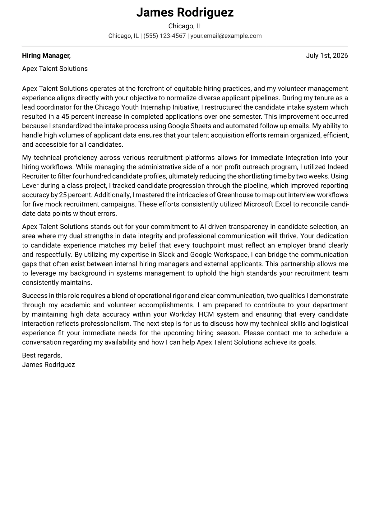 Talent Acquisition Coordinator cover letter in the Modern design