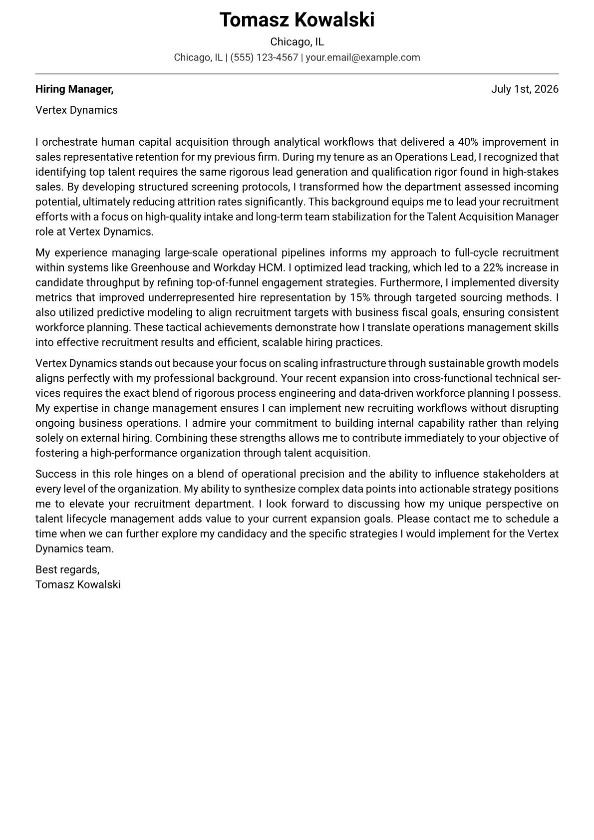 Talent Acquisition Manager cover letter in the Modern design