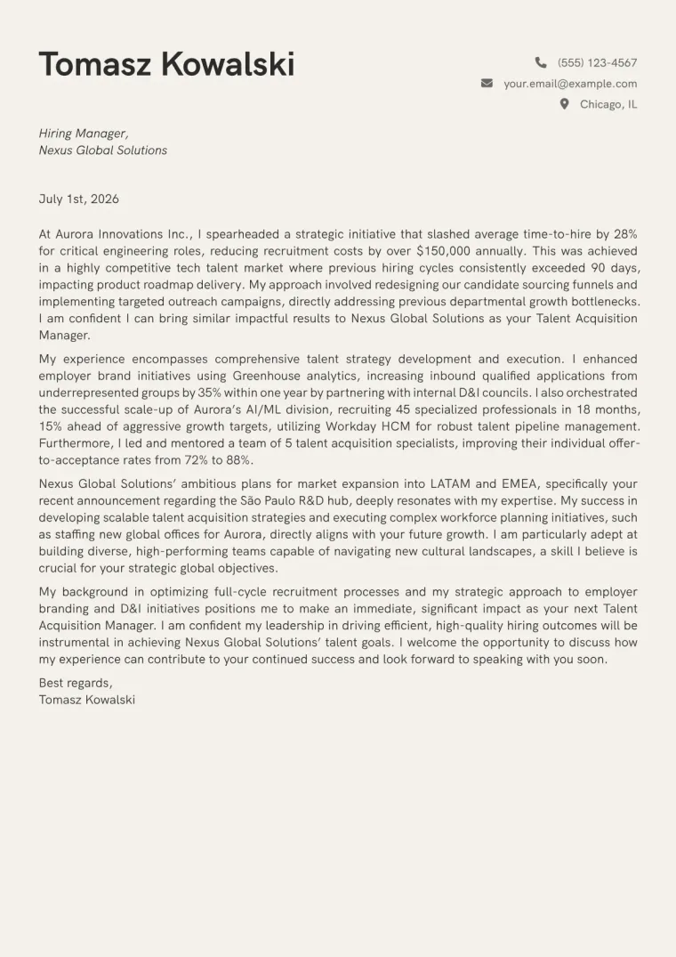 Talent Acquisition Manager cover letter example