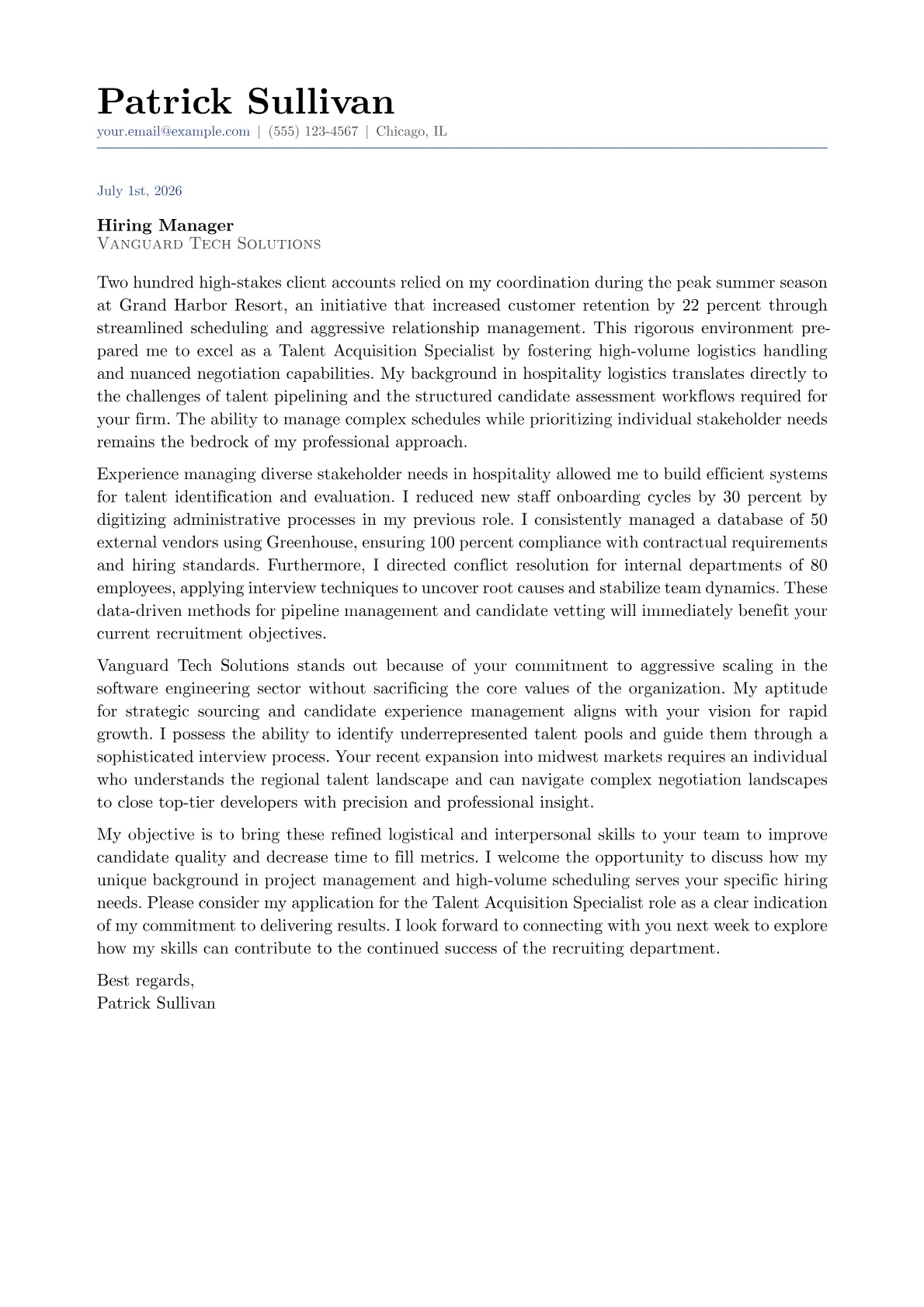 Talent Acquisition Specialist cover letter in the Classic design