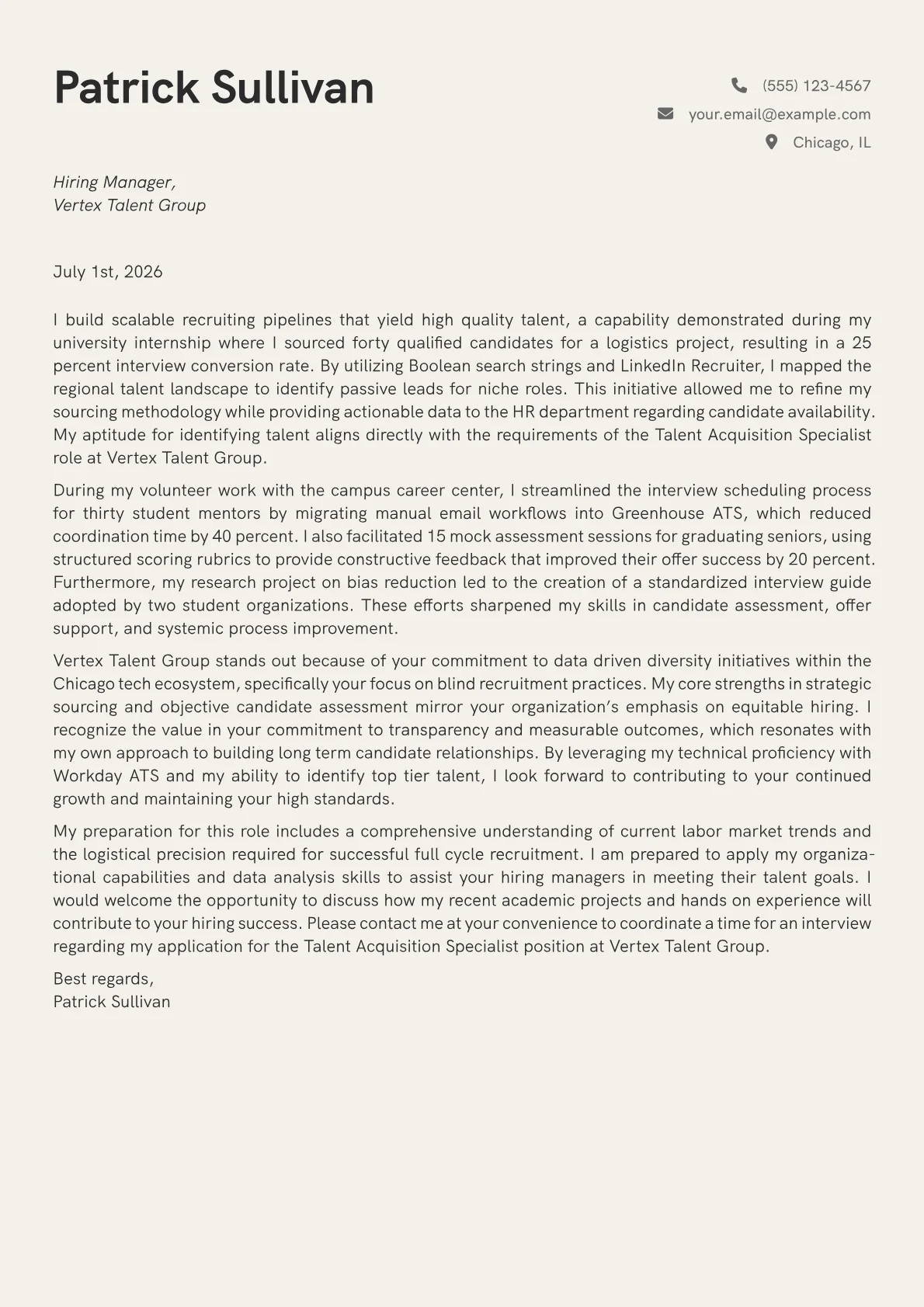 Talent Acquisition Specialist cover letter in the Creative design