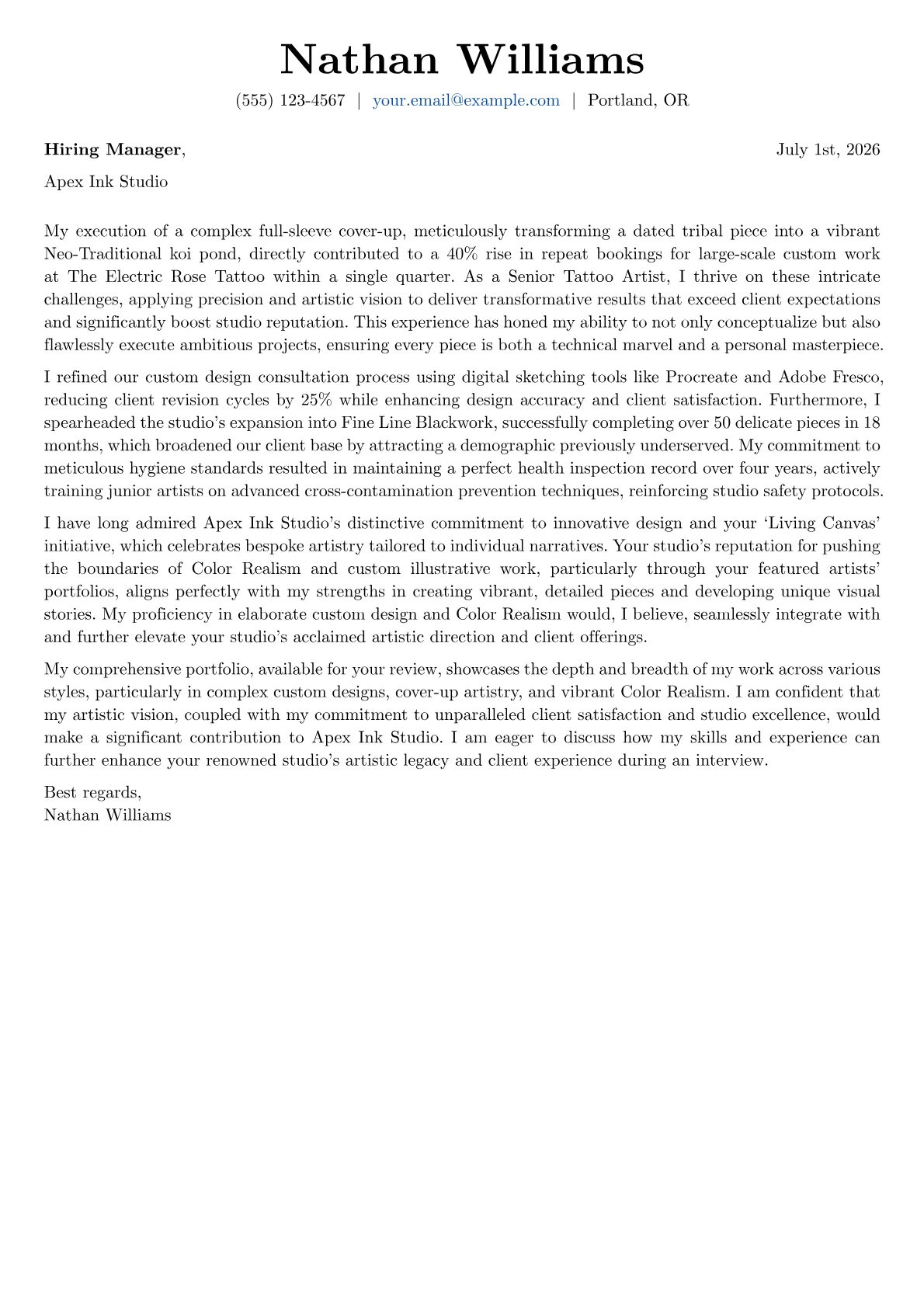 Tattoo Artist cover letter formatted with a JobSprout template