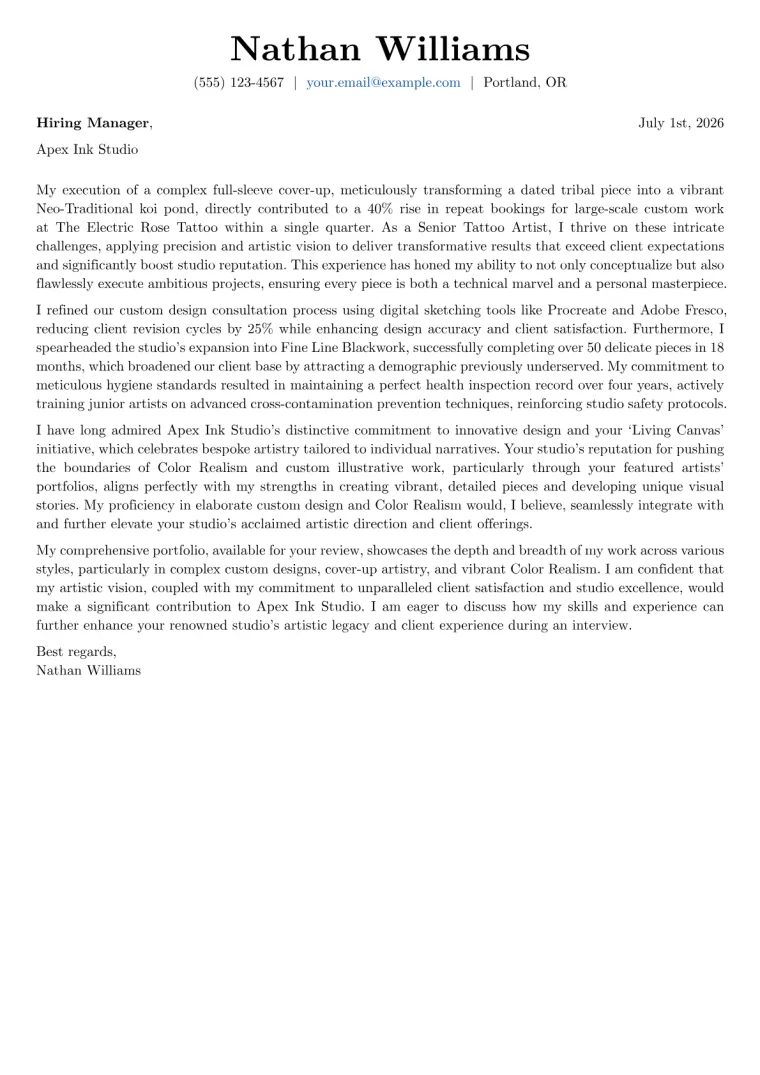 Tattoo Artist Cover Letter Example