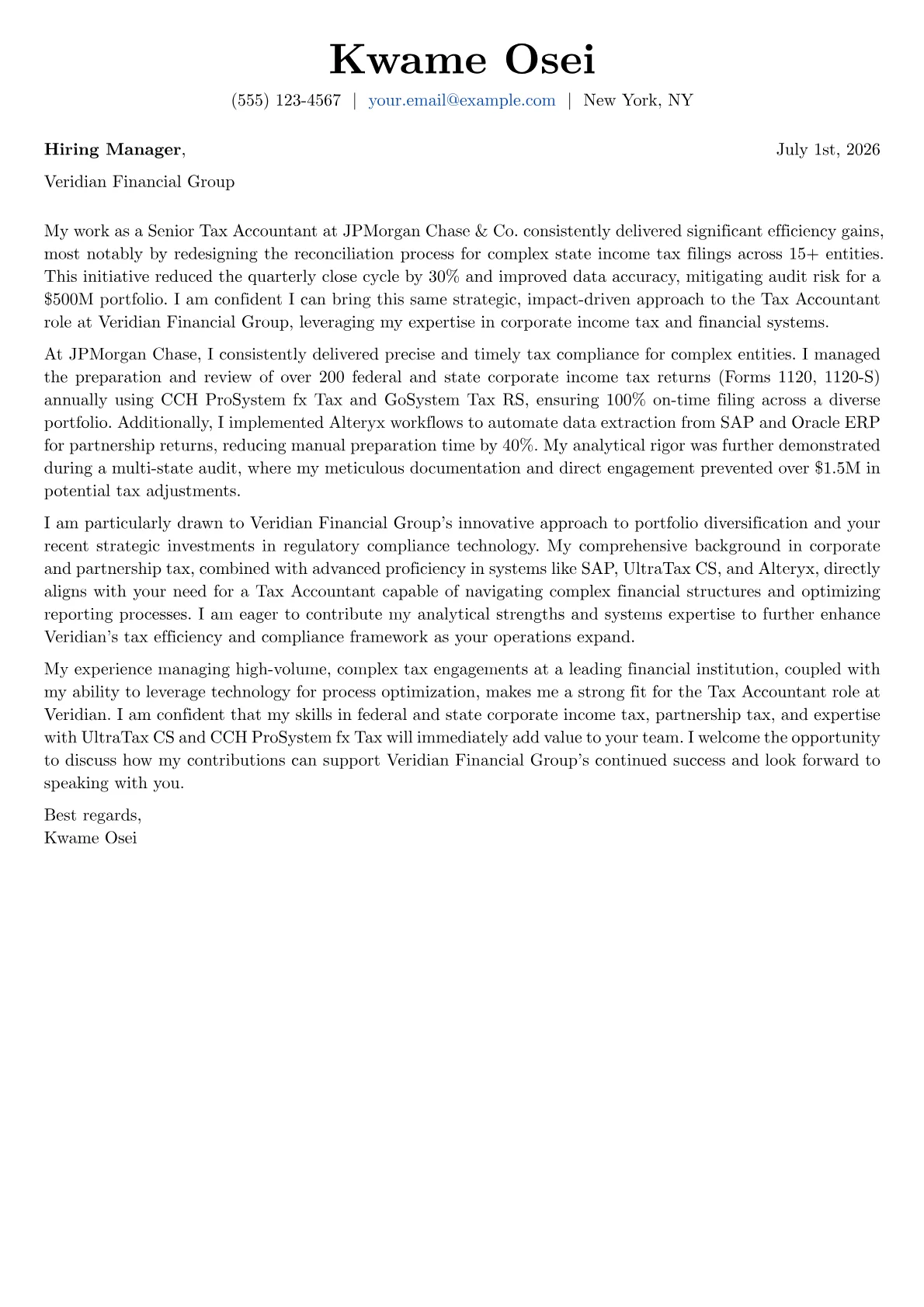 Tax Accountant cover letter formatted with a JobSprout template