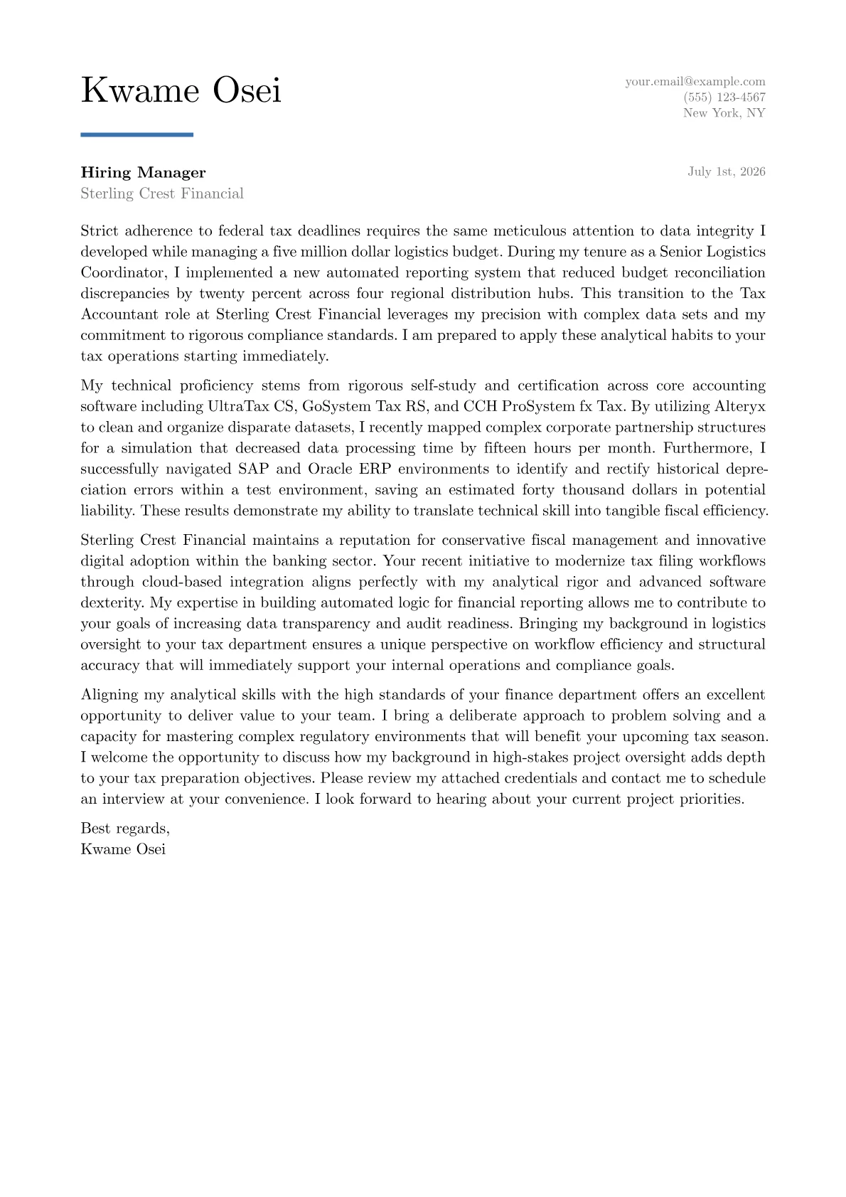 Tax Accountant cover letter in the Executive design