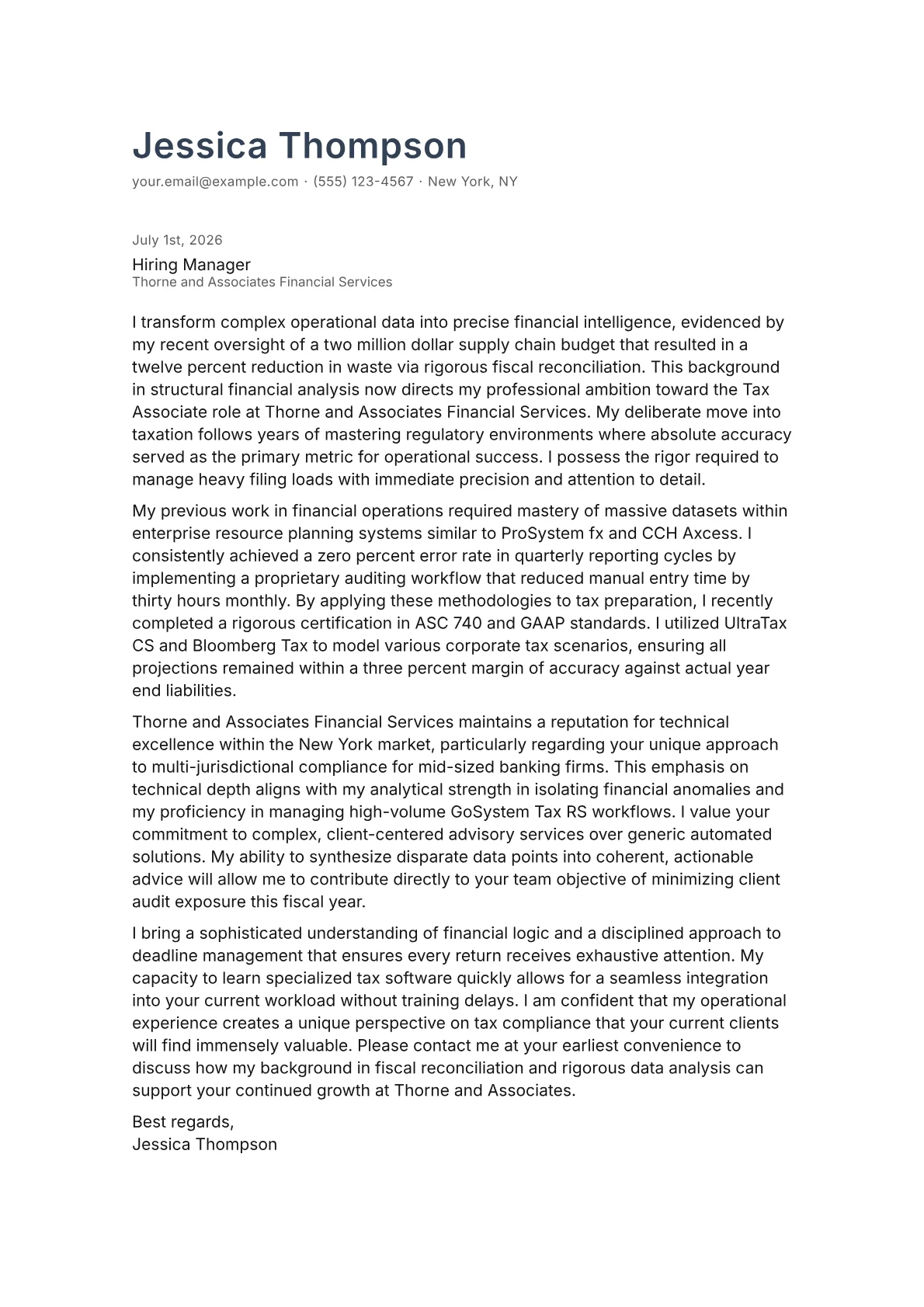 Tax Associate cover letter in the Minimal design