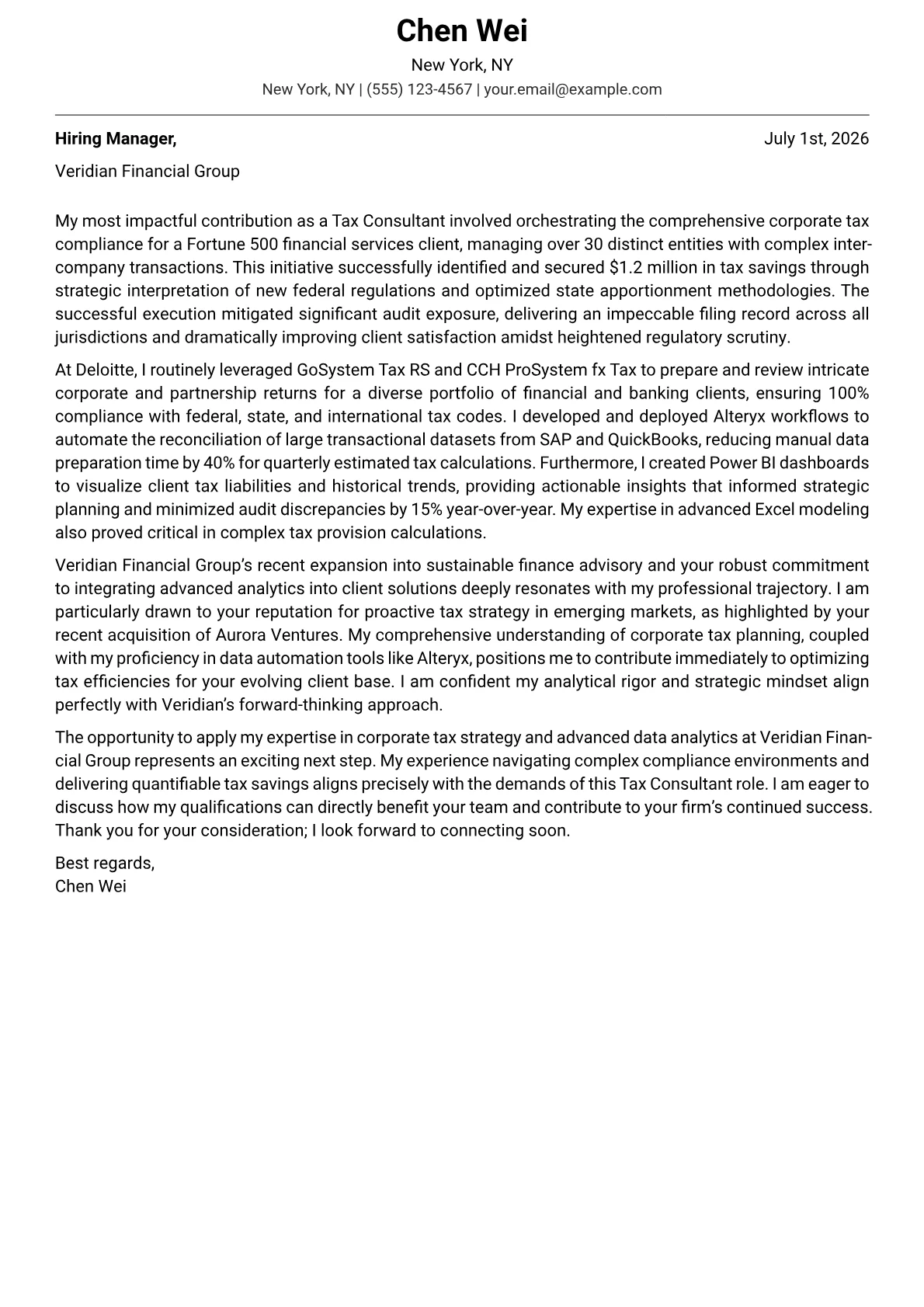 Tax Consultant cover letter formatted with a JobSprout template